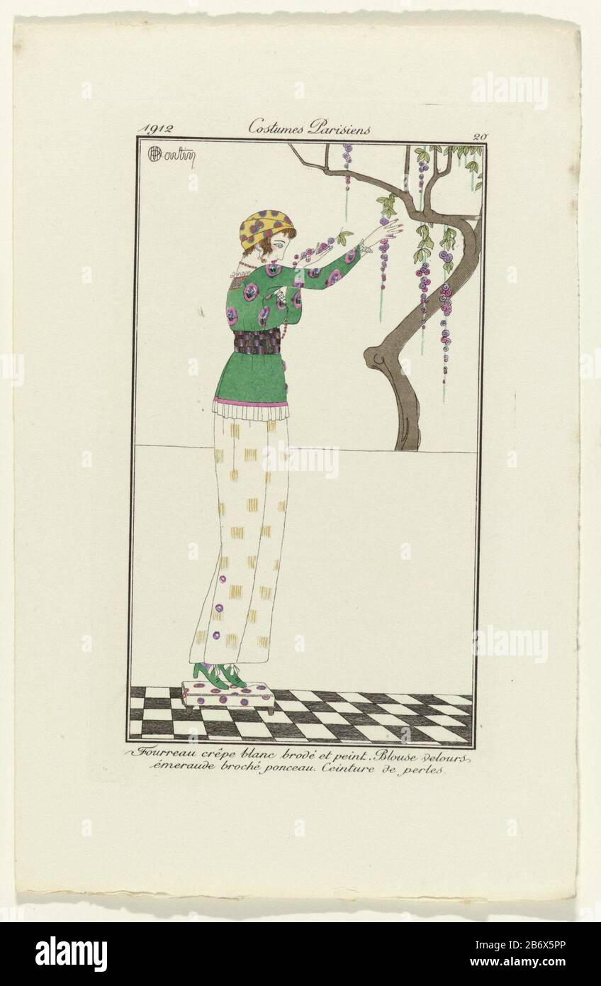 Journal des Dames et des Modes, 1912 Costumes Parisiens, Nr. 20:. Fourreau Crepe blanc (...) Objektart: Modebild Artikelnummer: RP-P-2011-107-11C Aufschriften / Marken: Bildunterschrift, unteres Zentrum: "Robe Promenade and Sarah damiers et à taffetas peint à la main, bordée the velor noir: Chapeau de Paille d'un orné panache and the Duvet Cygne" Hersteller: Zur Gestaltung: Charles Martin (denkmalgeschütztes Gebäude) Ort Herstellung: Paris Datum: 1912 Material: Papiertechnik: ENGRAA (Druckverfahren) Abmessungen: H 180 mm × W 110 mm Betreff: Wann Modeplatten: 1912 - 1912 Stockfoto