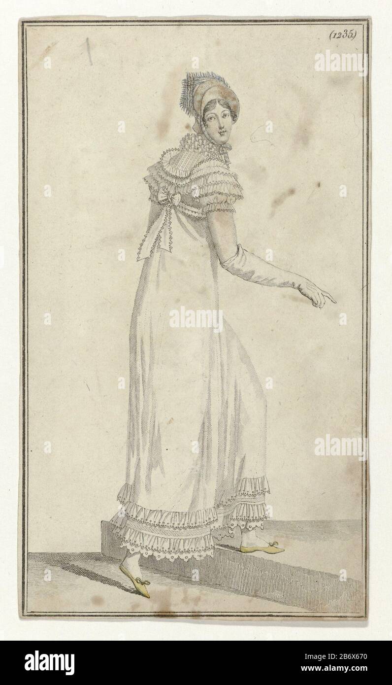 Journal des Dames et des Modes, Kostüm Parisien, 15 Juin, (1235) Chapeau de Paill () Frau, die Rückansicht, nach rechts laufend, mit dem Kopf eines Hutes "Paille d'Italy". Sie trägt ein Kleid mit kurzen Puffärmeln und garniert "Muslin claire. Weiteres Zubehör: (?) Hinten Gefundener Gürtel, lange Handschuhe, flache Schuhe mit spitzen Nasen und Schleifen. Das Bild ist Teil des Modemagazins Journal des Dames et des Modes, herausgegeben von Pierre de la Mésangère, Paris, 177-187. Hersteller: Druckmaschine: Anonymer Verleger: Pierre de la MésangèrePlaats Herstellung: Paris Datum: 182 Körperliche Meisterleistung Stockfoto