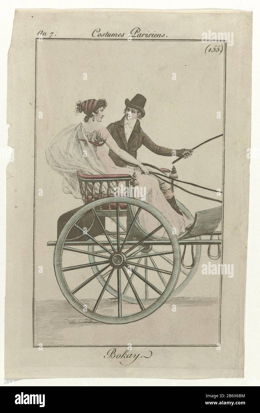 Journal des Dames et des Modes, Kostüm Parisien, 1799, Ein 7 (155) Bokay  Mann und Frau in einer Kutsche. Die Frau trägt ein Kleid mit kurzen Ärmeln  und hoher Taille. Links ein