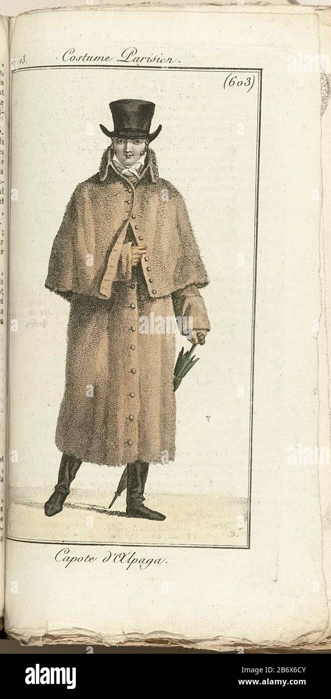 Journal des Dames et des Modes, Costume Parisien, 1805, An 13 (603) Capote d'Alpaga Man van voren gezien, gekleed in een lichtbruine bontmantel met Pelerine (Carrick). Hoog gestrickte Kravat. OP hoofd een hoge hoed van alpaca met opstaande Rand. Paraplu als wandelstok in de linkerhand. Platte schoenen. De prent maakt deel uit van het modetijdschrift Journal des Dames et des Modes, uitgeven door Pierre de la Mésangère, Parijs, 1797-184. Hersteller : Pretmaker: Horace Vernetuitgever: Pierre de la Mésangère dating: 1805 Physical Kenmerken: Gravure, met de Hand gekleurd Material: Papier T Stockfoto