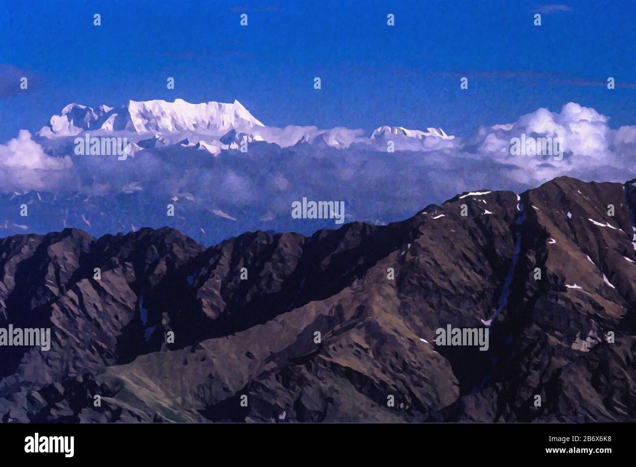Digitale Gemälde: Chaukhamba Peaks-165 Chaukhamba ist ein Bergmassiv mit vier Säulen in der Gangotri-Gruppe des Garhwal Himalaya, Uttarakhand, Indien. Stockfoto