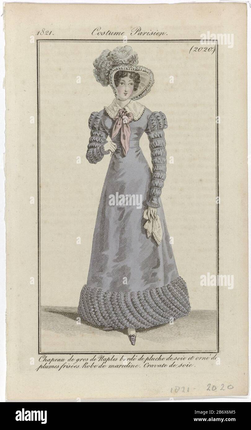 Journal des Dames et des Modes, Costume Parisien, 20 octobre 182, (2020) Chapeau de Gros de Neapel () Standing Woman cleised in a Kleid of 'Marceline. Am Kopf eines Hutes "Gros de Naples", mit Seidenplüsch geschnitten und mit geschweiften Federn verziert. Geknotete Nacken aus Seidentuch. Weiteres Zubehör: Handschuhe, Taschentücher, Schuhe mit Schleife. Das Bild ist Teil des Modemagazins Journal des Dames et des Modes, herausgegeben von Pierre de la Mésangère, Paris, 177-187. Hersteller : Druckmaschine: Anonymer Verleger: Pierre de la MésangèrePlaats Herstellung: Paris Datum: 182 Physische Merkmale: Engra Stockfoto