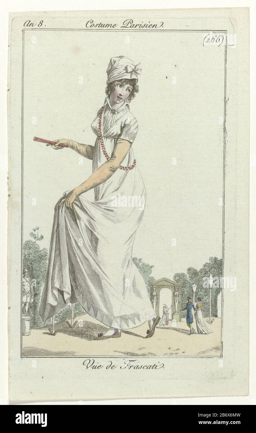 Journal des Dames et des Modes, Kostüm Parisien, 22 Oktobre, 1799, Ein 8 (166) Vue de Frascati Gown mit kurzen Ärmeln, getrimmt mit Zickzack-Motiv. Um seinen Kopf gefundenes Tuch. Strümpfe mit kontrastierendem Sound. Weiteres Zubehör: Ohrringe, Brosche, Halskette lang über die Brust, lange Handschuhe, Fächer, flache Schuhe mit spitzen Nasen (?). Das Bild ist Teil des Modemagazins Journal des Dames et des Modes, herausgegeben von Pierre de la Mésangère, Paris, 177-187. Hersteller : Druckmaschine: Anonymer Verleger: Pierre de la MésangèrePlaats Herstellung: Paris Datum: 1799 Physische Merkmale: Engra, Hand Stockfoto
