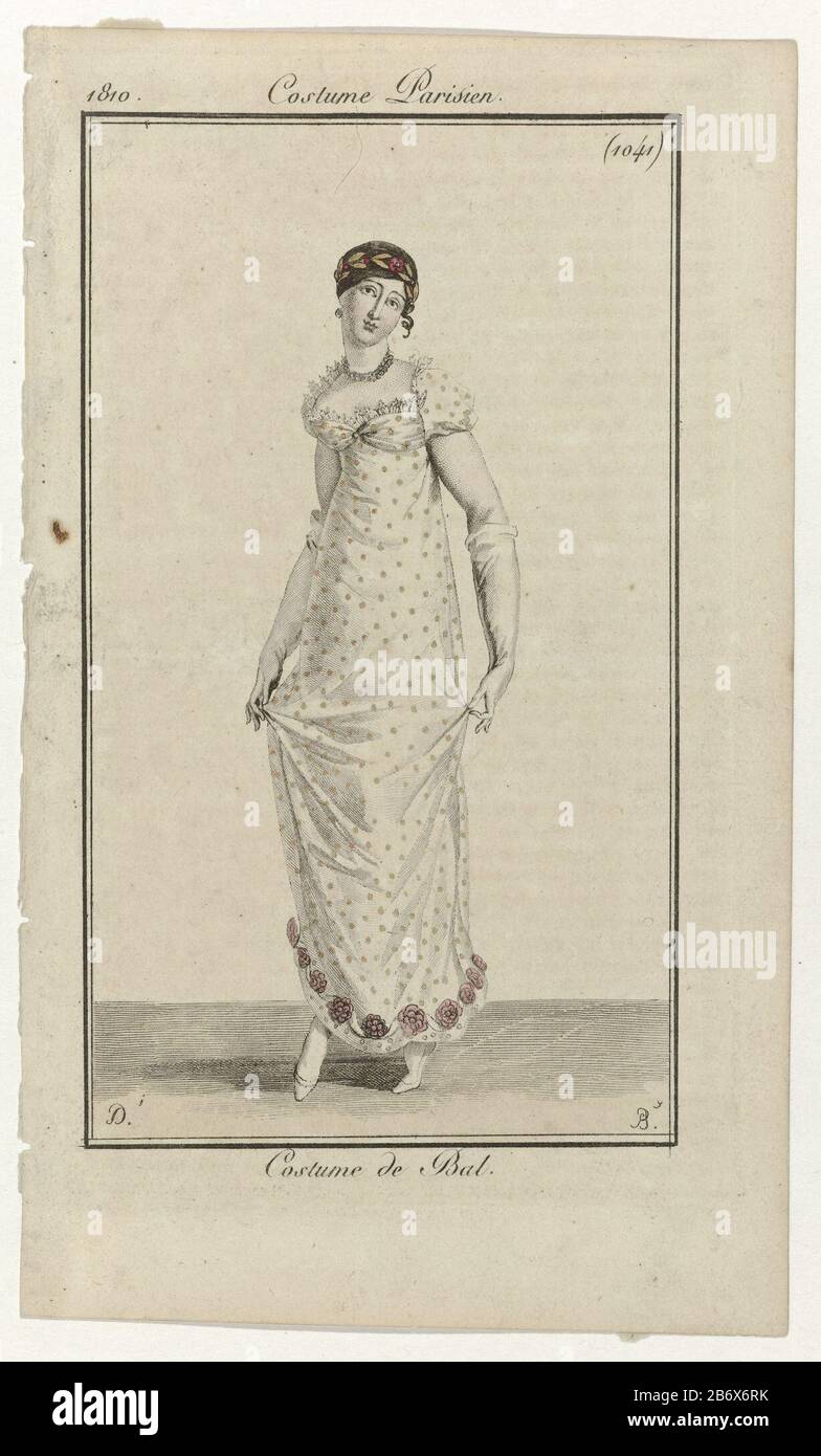 Tanzende Frau, gekleidet in einem Kostüm für einen Ball. Sie trägt ein Kugelkleid mit Polka Dots Motiv, der mit Blumen verzierte Saum. Kurze Puffärmel und aufstehender Rändelkragen. Accessoires: DIAdem, Ohrring im rechten Ohr, Halskette, lange Handschuhe, flache Schuhe. Das Bild ist Teil des Modemagazins Journal des Dames et des Modes, herausgegeben von Pierre de la Mésangère, Paris, 177-187. Hersteller : Druckerhersteller: Pierre Charles Baquoy (Listed Property) zum Zeichnen: Martial Deny (Listed Object), Herausgeber: Pierre de la MésangèrePlaats Herstellung: Paris Datum: 1810 Körperliche Merkmale: Enra, Stockfoto