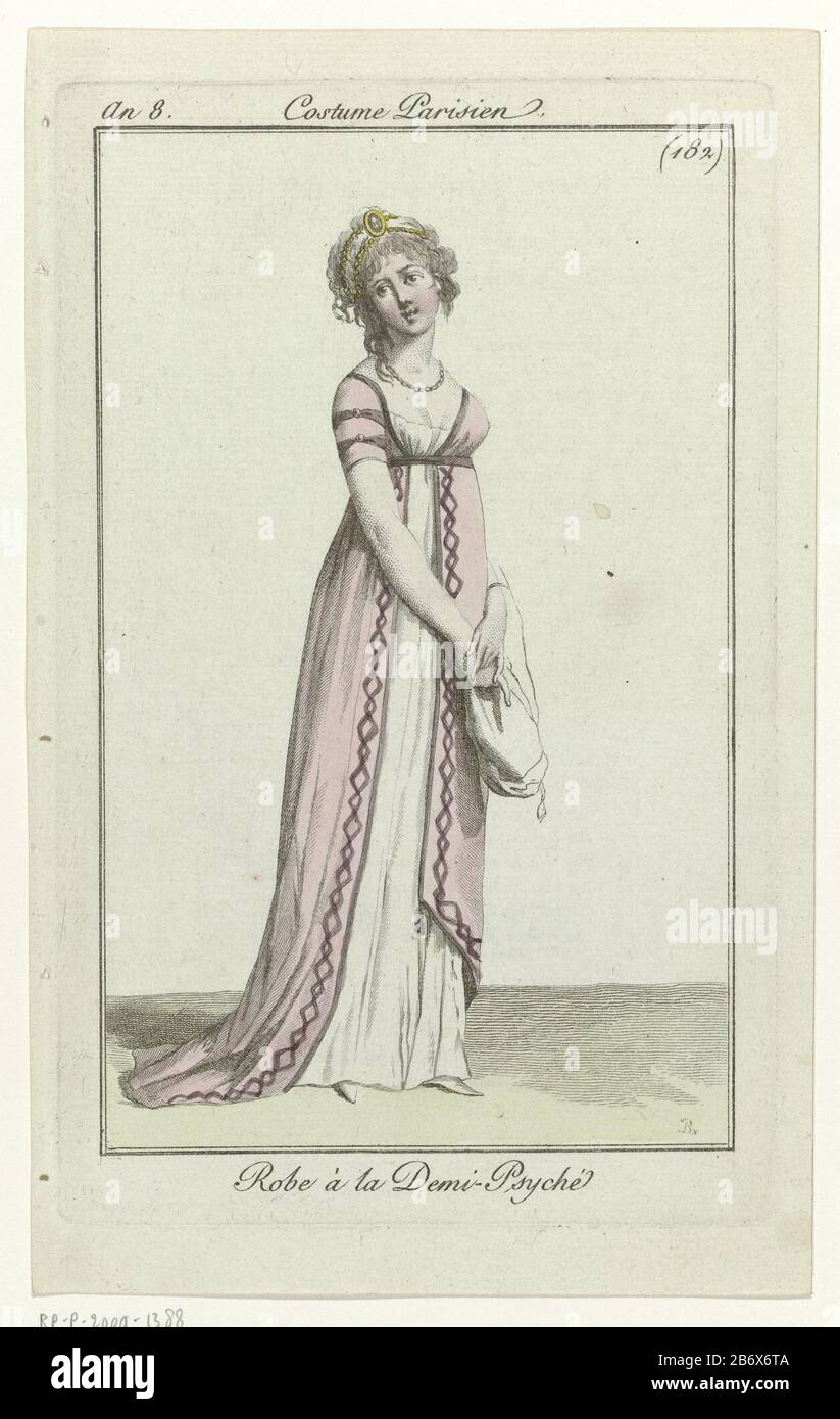 Japon à la Demi-Psyché', am Saum mit geometrischen Motiven dekoriert. Accessoires: Haarband mit ovalem Locket, Halskette, Retikel oder Tasche, flache Schuhe mit spitzen Nasen. Das Bild ist Teil des Modemagazins Journal des Dames et des Modes, herausgegeben von Pierre de la Mésangère, Paris, 177-187. Hersteller : Druckmaschine: Pierre Charles Baquoy (denkmalgeschütztes Gebäude) Herausgeber: Pierre de la MésangèrePlaats Herstellung: Paris Datum: 1799 Physikalische Eigenschaften: Engra, handfarbenes Material: Papiertechnik: Engra (Druckverfahren) / Handfarbenmessungen: Plattenkante: H 180 mm × W 112 mm Subje Stockfoto