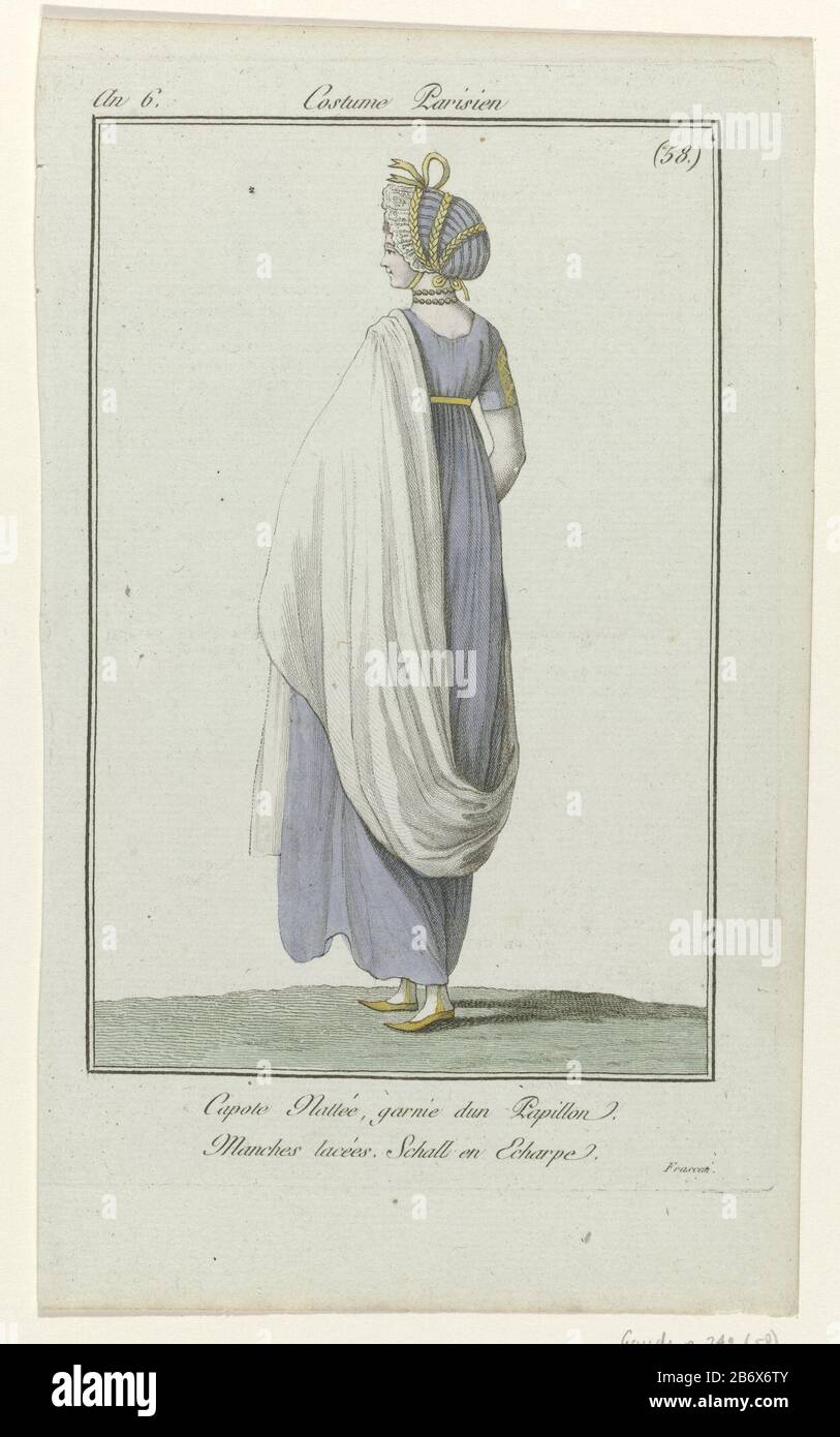 :' Capote "mit Geflecht, das mit einem "papillon" (?) bekrönt ist. Kleid mit kurzen Ärmeln mit Mittelrücken. Langer Schal, diagonal über die linke Schulter gedraftet. Um den Hals eine Halskette bestehend aus zwei Kordeln. Strümpfe und flache Schuhe mit spitzen Nasen. Der Bildunterschrift zufolge ist diese Idee des Lebens, das in "Frascati" gezeichnet wurde. Das Bild ist Teil des Modemagazins Journal des Dames et des Modes, herausgegeben von Sellèque, Paris, 177-187. Hersteller : Druckmaschine: Anonymer Verleger: Sellèqueuitgever: Pierre de la MésangèrePlaats Herstellung: Paris Datum: 1798 Physische Merkmale: Engra, handfarbige Matte Stockfoto