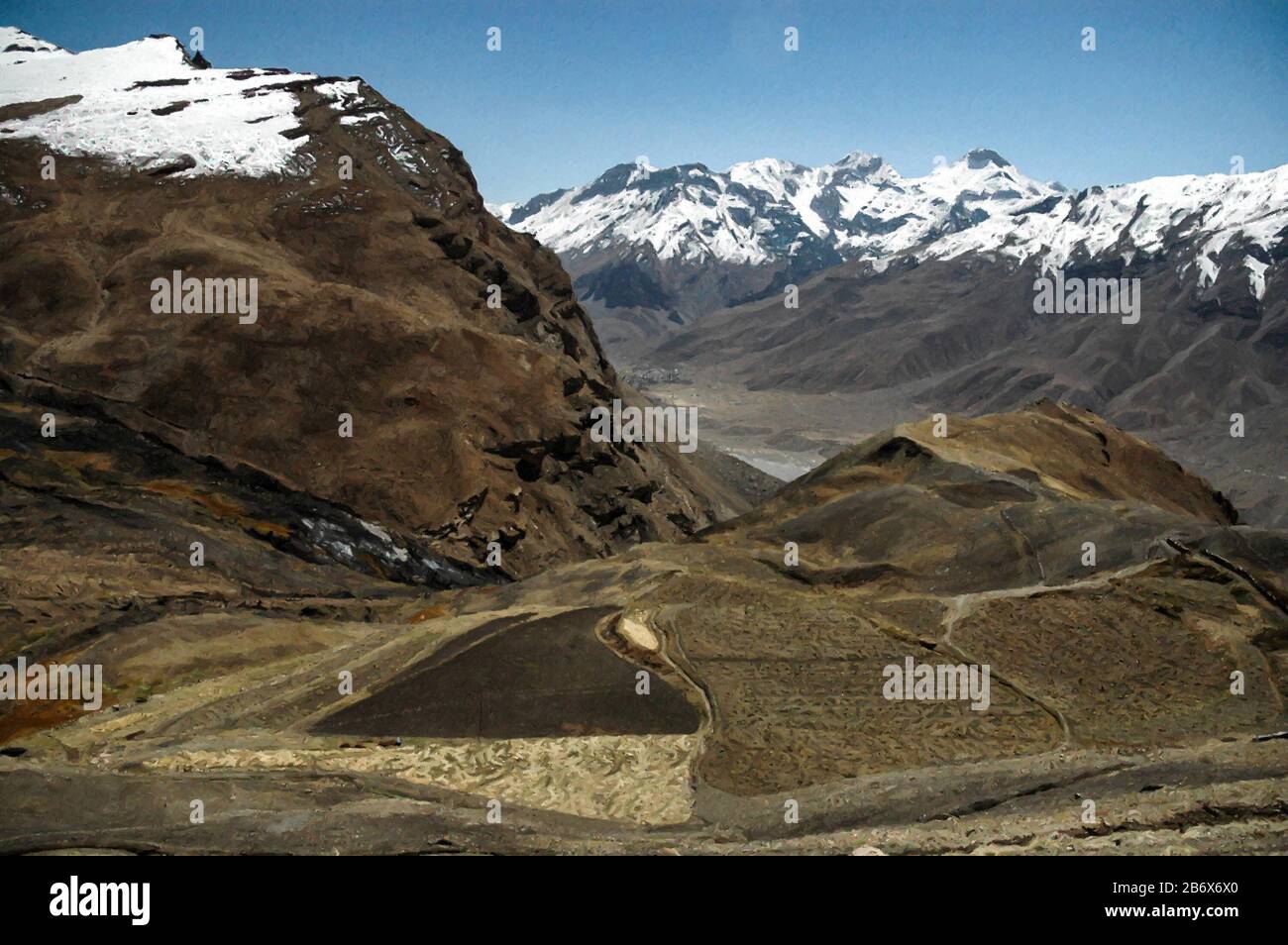 Digitale Malerei: Berglandschaft von Kibber -0085 Digitale Malerei der schönen Berglandschaft von Kibber, Himachal Pradesh, Indien. Stockfoto