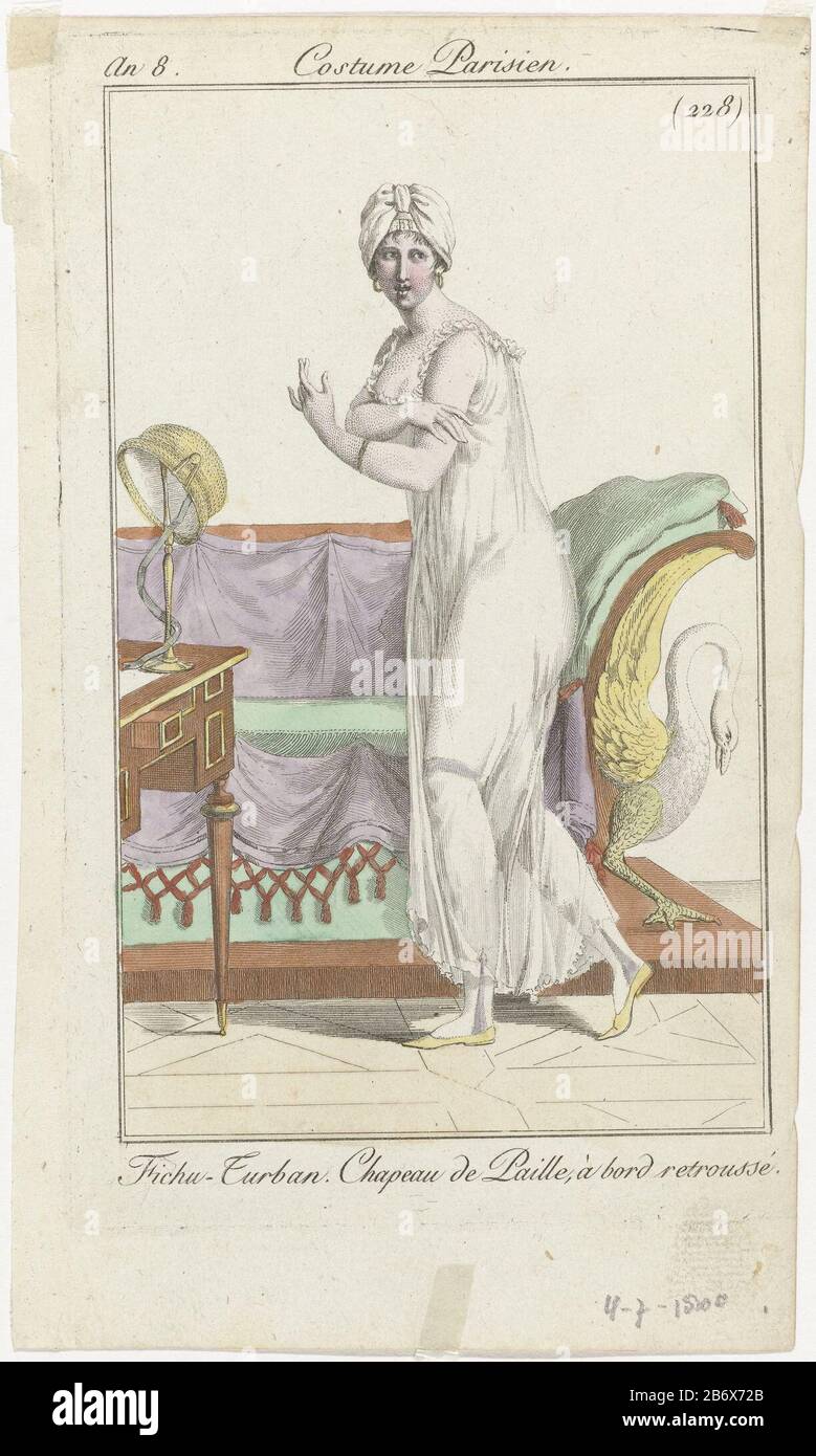 Journal des Dames et des Modes, Kostüm Parisien, 4 Juillet 1800, Eine 8, (228) Fichu-Turban () Frau, die nach links läuft, mit dem Kopf ein Turban eines Fichu. Auf dem Tisch stand ein Hutständer mit Strohhut, die Krempe hielt mit Knopf und Schlaufe an. Sie trägt eine Chemise und Strümpfe. Weiteres Zubehör: Ohrringe, links Armband, flache Schuhe mit spitzen Nasen. Im Hintergrund eine Bank. Das Bild ist Teil des Modemagazins Journal des Dames et des Modes, herausgegeben von Pierre de la Mésangère, Paris, 177-187. Hersteller : Druckmaschine: Anonymer Herausgeber: Pierre de la MésangèrePlaats man Stockfoto