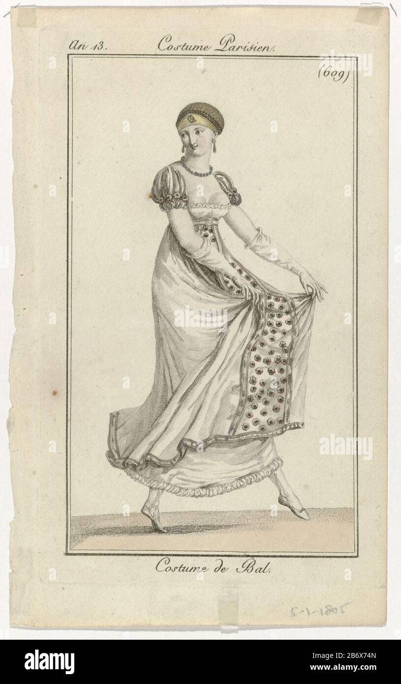 Journal des Dames et des Modes, Kostüm Parisien, 5 Janvier 1805, An 13, (609) Kostüm de Bal Dancing Woman gekleidet in einem Ballkleid mit Puffärmeln. Sie hebt ihren Rock, Wo: Durch den Unterrock und die Strümpfe sichtbar sein. Accessoires: Tiara, Ohrringe, Halskette, Gürtel, lange Handschuhe, flache Schuhe mit Schleifen (?). Das Bild ist Teil des Modemagazins Journal des Dames et des Modes, herausgegeben von Pierre de la Mésangère, Paris, 177-187. Hersteller : Druckmaschine: Anonymer Herausgeber: Pierre de la MésangèrePlaats Herstellung: Paris Datum: 1805 Physische Merkmale: Engra, handfarbenes Material Stockfoto