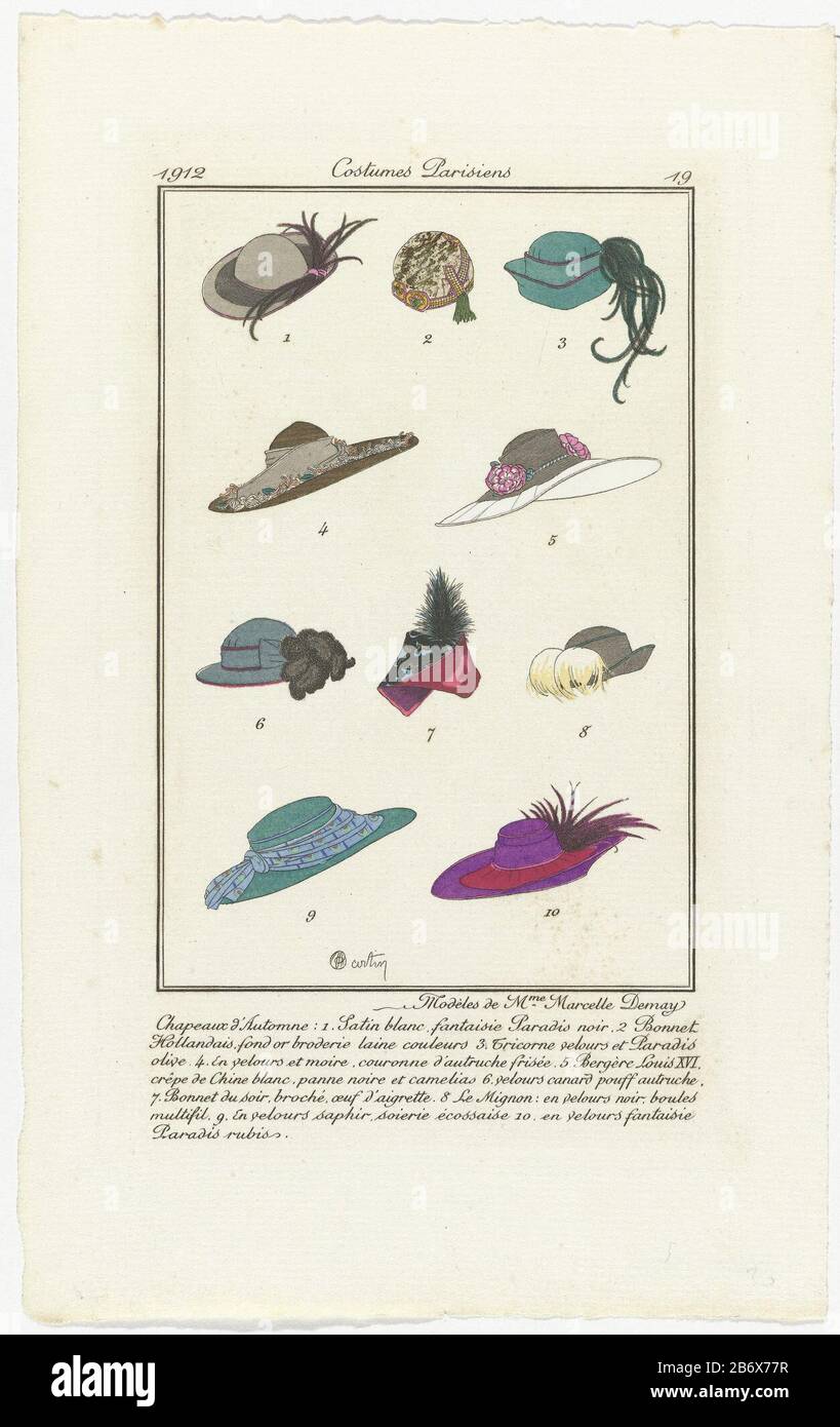 Journal des Dames et des Modes, Costumes Parisiens, 10 septembre 1912, Nr. 19 Chapeaux d'Automn Tien voor de verschillende Hoeden van herfst Marcelle Demay. Prent uit het modetijdschrift Journal of Women and Methods (1912-1914) . Hersteller : naar ontwerp van: Charles Martin (op vermeld object) prentmaker: Anoniemhoedenmaker Marcelle Demay (vermeld op object) Plaats Manufacturing: Parijs datieren: 1912 Physical kenmerken: Enga, puts sjablonen in Handball gekleurd Material: Papier Techniek: Graveren (Drukproceé) / Hand- und Schlammaße: Plättchen und -Maße: Poatruren: Poatruren: Poatruren: Plättchen H 179 mm × b 111 mm Betreff: FAS Stockfoto