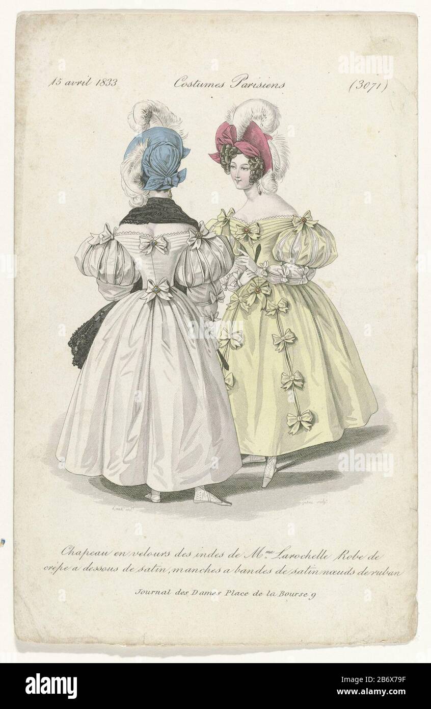 Journal des Dames et des Modes, Costumes Parisiens, 15 avril, (3071) Chapeau en Velours () Zwei Frauen, von denen eine von hinten gesehen, die gleiche gekleidet hat. An der Spitze eines Hutes 'velours des indes' von Larochelle. Crepe-Gown, Wo: Unter Satin-Ärmeln mit Bändern aus Satin und Bandbögen. Das Bild ist Teil des Modemagazins Journal des Dames et des Modes, Paris, 177-187. Hersteller: Druckmaschine: Gatine (unter Denkmalschutz stehende Immobilie) auf Bestellung von Louis Marie Lante (unter Denkmalschutz stehendes Gebäude) Vom: 1530 Physische Merkmale: Enna, handfarbenes Material: Papiertechnik: Enna (Druckverfahren) / Handcol Stockfoto