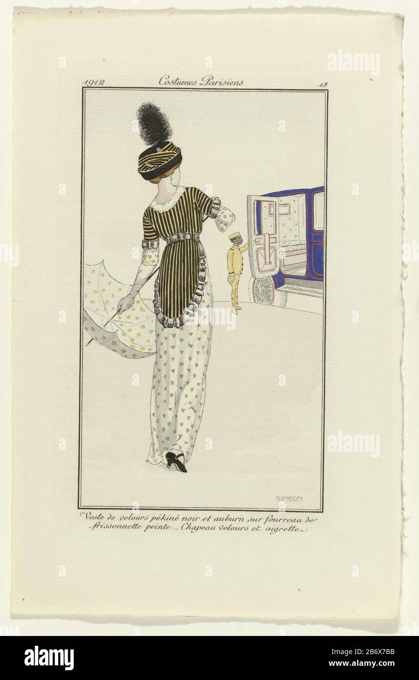 Journal des Dames et des Modes, Costumes Parisiens, 1912, Nr. 18 Veste de Velours () Frau, die zu einem Auto läuft, ein Mantel aus schwarzem und braunrotem Samtpekine 'A' Fourreau 'of Painted' Frissonnette. Samthut mit Egrett. Regenschirm mit Punkten. Die von einem schwarzen Diener in Lügner geöffnete Autotür. Drucken Sie das Modemagazin Journal des Dames et des Modes (1912-1914) aus. Hersteller: Entworfen von Fernand Siméon (denkmalgeschütztes Gebäude) Druckmaschine: Anonymous Datum: 1912 Physische Merkmale: Engra, mit Schablonen und handfarbenem Material: Papiertechnik: Enna (Druckverfahren) / Handfarbe / pochor Dimensio Stockfoto