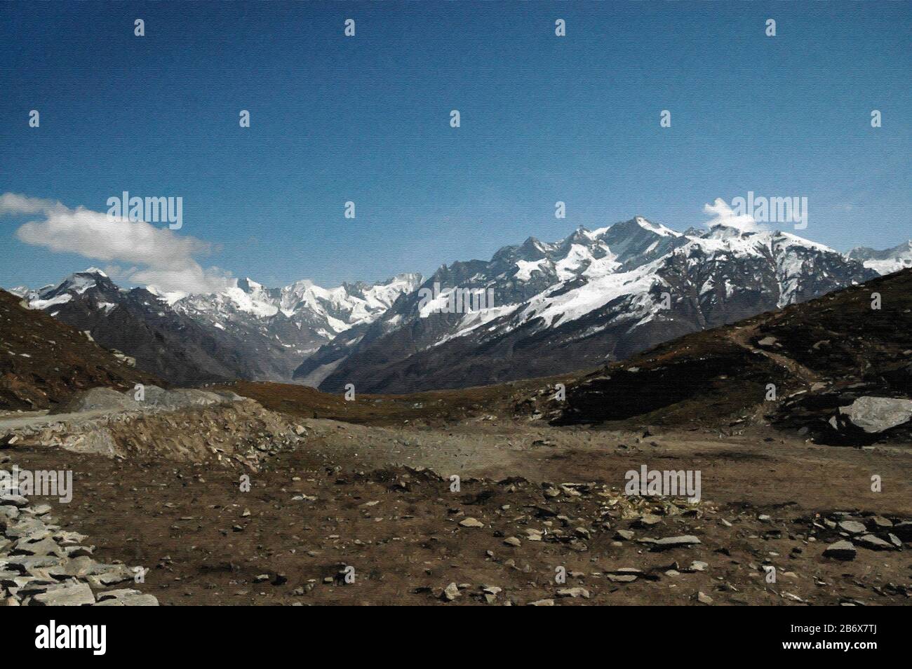 Digitales Gemälde: Landschaft des Rohtang-Passes-0179 Digitales Gemälde der schneebedeckten Pirpanjal-Reihe in Rohtang, Himachal Pradesh, Indien. Stockfoto