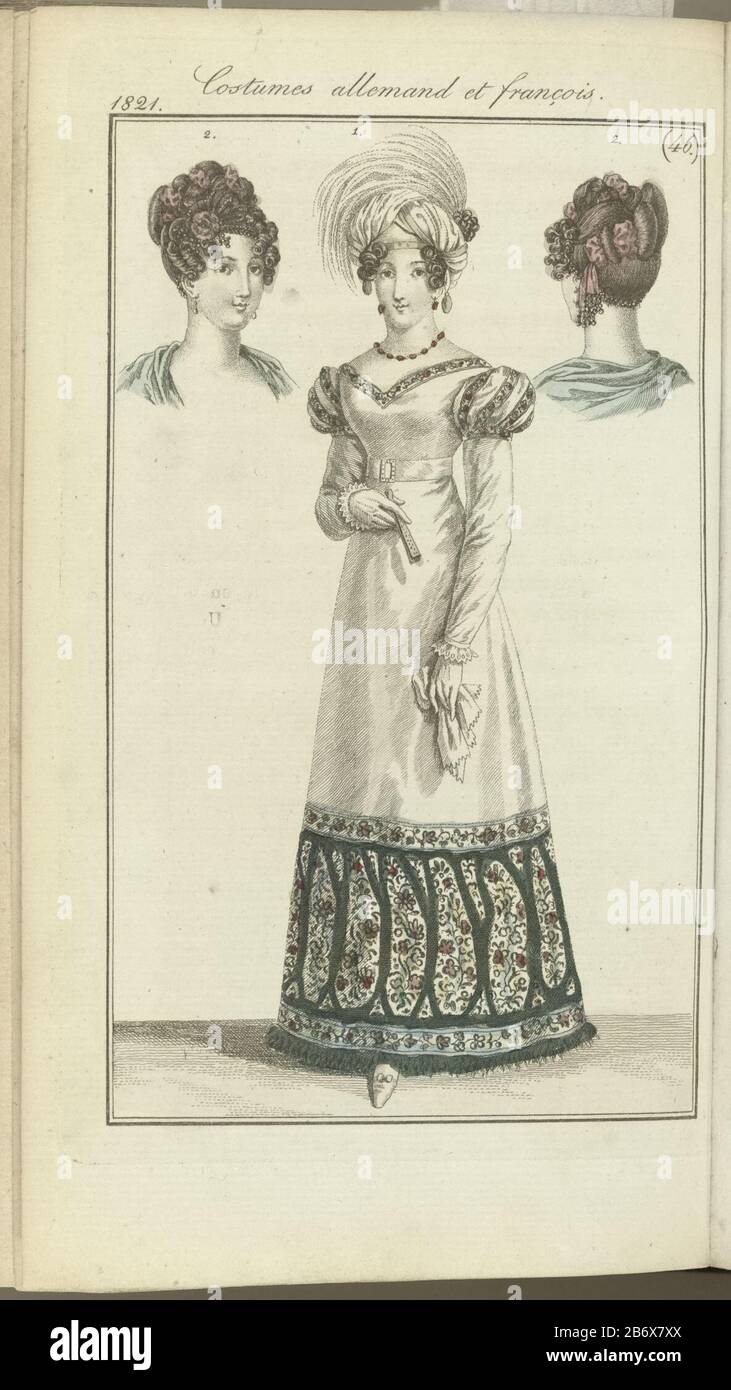 Der Begleittext wird angezeigt (S. 543.): Abb. 1 französische Tracht. Turban-Blick, dekoriert mit Goldoliven und einem Paradies. Kaschmir mit Muslinärmeln. Gürtelsatin. Weiße Handschuhe. Weiße Schuhe. Abb. 2: Deutsche Mode: Frisur (vorne und hinten abgebildet) mit Dreifachgeflecht, verwoben mit pinkfarbenem Band. Modell von Herrn Philip van der Heyden, Friseursalon zum großen Maismarkt in Frankfurt. Das Bild ist Teil des Modemagazins Journal des Dames et des Modes, das in Frankfurt als Kopie der französischen Ausgabe von Pierre de la Mésangère, Paris, 1797-187 veröffentlicht wurde. Hersteller: Druckmaschine: Anonymou Stockfoto
