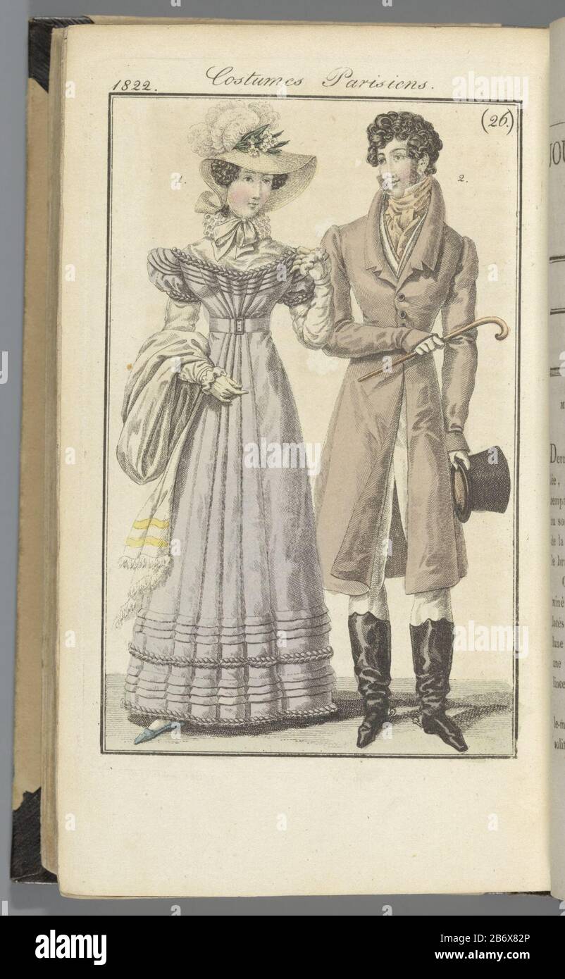 Journal des Dames et des Modes, Edigie Frankfurt 23 Juin, Costumes Parisiens (26) der Text zu Abbildung 1 (p 701 und 702.): Hat' Paille d'Italie' mit marabou Federn dekoriert. "Taffetas d'Italie (Taffeta)" mit Englisch. Schal "Blick cashemire. Gelbe Handschuhe und blaue Schuhe. Abb. 2: Wiederholen von "Goo Amazon" (Blatt). Hose aus Baumwolltrikot. Weste von Pique. Cravate von "laine Kaschmir (Kaschmir). Das Bild ist Teil des Modemagazins Journal des Dames et des Modes, das in Frankfurt als Kopie der französischen Ausgabe von Pierre de la Mésangère, Paris, 1797-187 veröffentlicht wurde. Manufacu Stockfoto