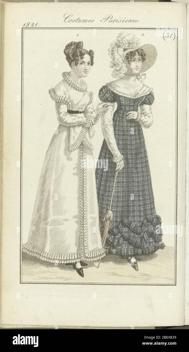 Journal des Dames et des Modes, Edigie Frankfurt 29 juillet, Costumes Parisiens (31) Der Begleittext gibt bekannt (S. 143.): Abb. 1: Haarschnitt mit einem Stahlkamm. Redingote und Fikhu des Perzals., Mit Muslin Garniert. Gürtel von ihr. Weiße Handschuhe. Schwarze Schuhe. Abb. 2: Hut "Paille d'Italie", verziert mit Straußenfedern. Barège mit Kreppärmeln. Weiße Handschuhe. Blaue Schuhe. Das Bild ist Teil des Modemagazins Journal des Dames et des Modes, das in Frankfurt als Kopie der französischen Ausgabe von Pierre de la Mésangère, Paris, 1797-187 veröffentlicht wurde. Hersteller: Druckmaschine Stockfoto