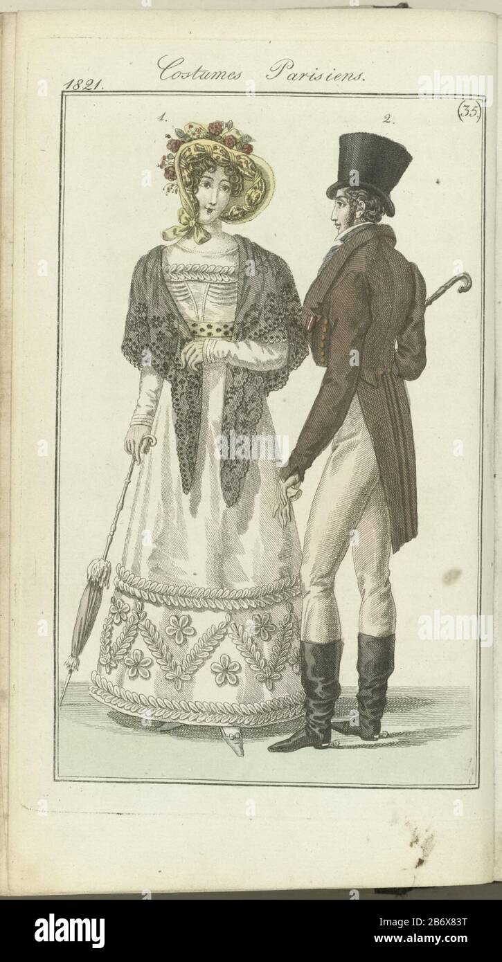 Journal des Dames et des Modes, Edigie Frankfurt 26 Aout, Costumes Parisiens (35) der Begleittext in der Zeitschrift veröffentlicht (S. 246): Abb. 1: Krepphut mit Blumen und einem Streifen bedruckten Blicks. Japon aus Baumwollperzale, mit einem Streifen Muslin geschnitten. Fikhu aus Spitze. Weiße Handschuhe. Blaue Schuhe. Abb. 2: Hut mit schmalem Rand. Gewohnheit à taille longue (?) Mit gefälschten Taschen? Ein kragender Kragen aus samt. Kravat-blaue Seidenhose mit Kaschmir. Stiefel mit Sporen. Das Bild ist Teil des Modemagazins Journal des Dames et des Modes, das in Frankfurt als Kopie des erscheint Stockfoto