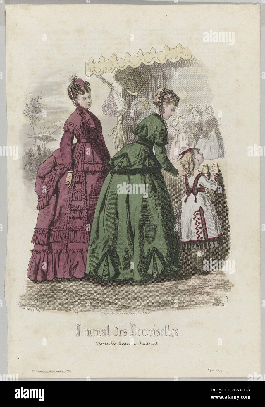 Journal des Demoiselles, Décembre, année 36, Nr. 12 Objekttyp: Modebild Artikelnummer: RP-P-2009-3529 Aufschriften / Marken: Titel, rechts unterhalb des Randes, der "Journal des Demoiselles'adres unteres Zentrum des Marges eingeschrieben" Paris, Boulevart des Italiens, 1. ' Beschreibung: Zwei Frauen und ein Mädchen, die auf einen Puppenspieler blicken. Die Frauen sind mit Queue in Gewand gekleidet. Das Mädchen trägt ein Kleid mit Stiefeln über dem Knie bis zum Knöchel. Drucken Sie das Mode-Magazin Journal des Demoiselles (22-1922) aus. Hersteller: Druckerhersteller Paul Lacourière (denkmalgeschütztes Gebäude) für Kordel Stockfoto