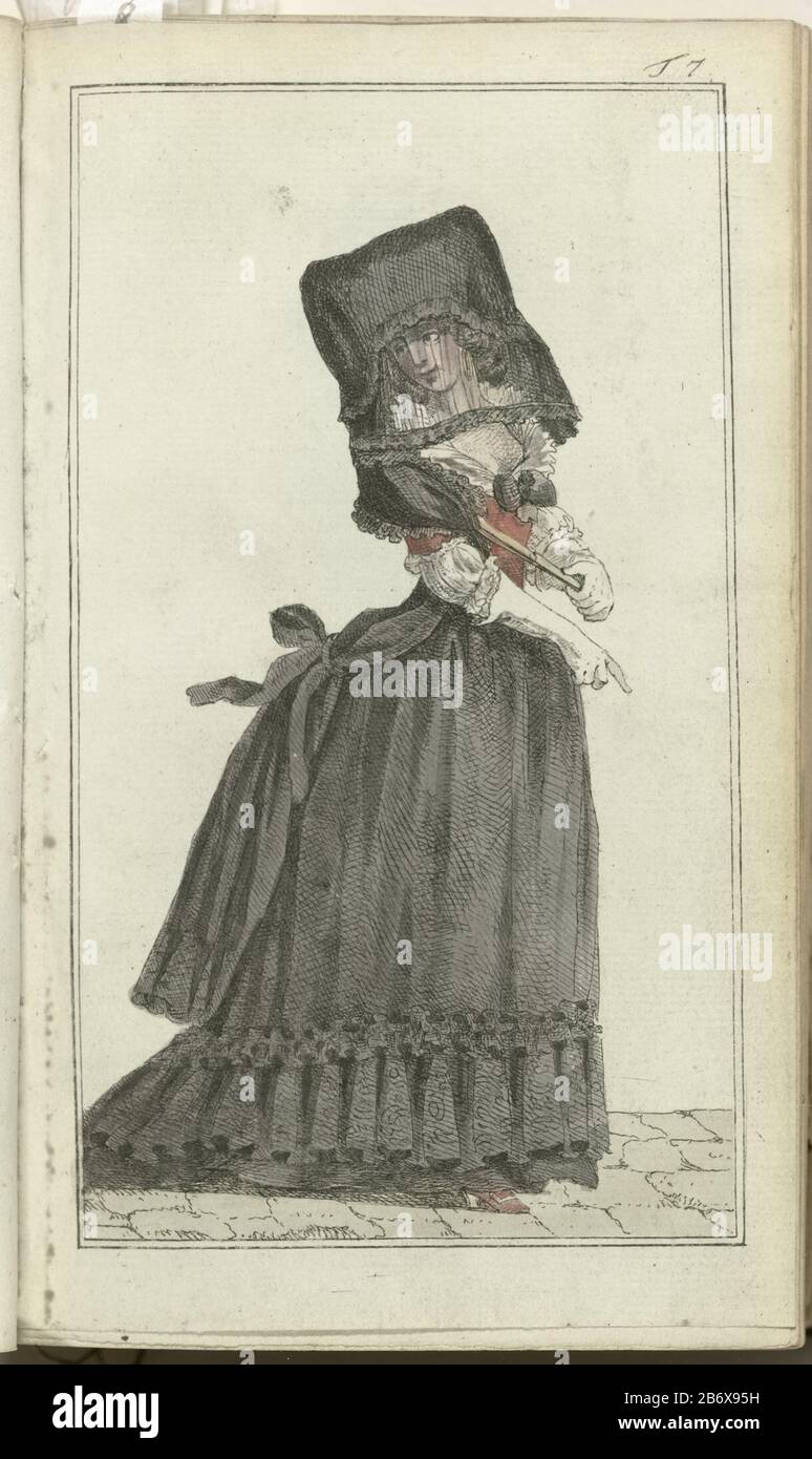 Journal des Luxus und der Moden, Band III, T7 Venetian Woman in der Vesta  Zendale: Langer Mantel aus schwarzem Taft mit schwarzer Kopfbedeckung und  Niqab oder Veleta. (Ausführliche Beschreibung auf S. 103-104).