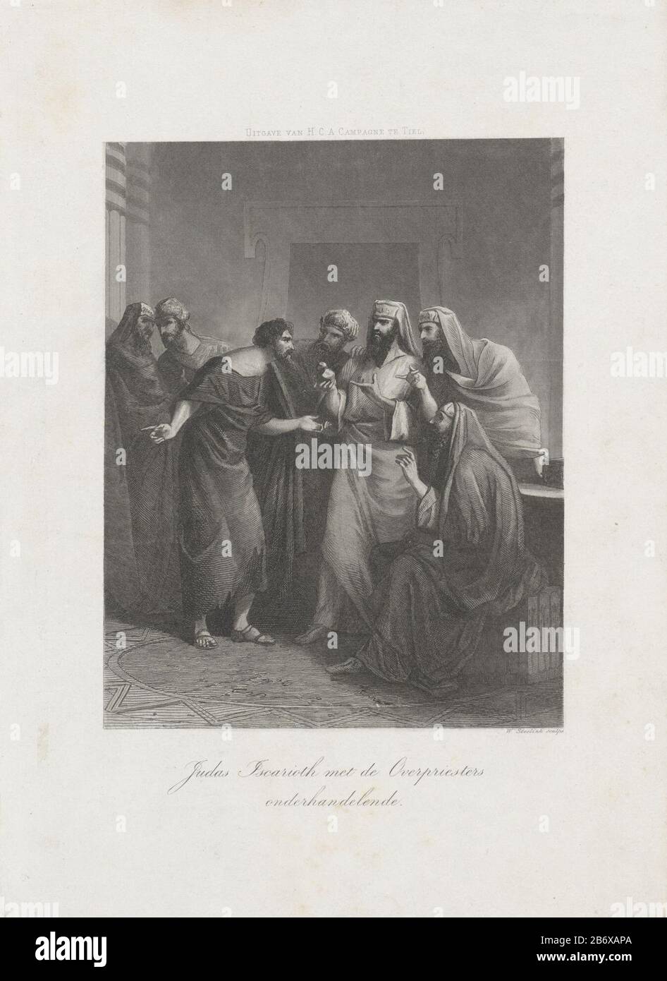 Judas Iskariot onderhandelt met de hogepriesters Judas Iscarioth met de Overpriesters onderhandelende (titel op object) Judas Iscariot verhandelt die Hohepriester. Einer der Hohepriester bietet ihm einen Beutel mit dreißig Silberstücken, die er Christus verraden soll. Hersteller: Druckereihersteller Willem Steelink (I) (denkmalgeschütztes Gebäude) Herausgeber: H.C.A. Campaign (Listed Property) Ort Herstellung: Tiel Datum: 186-1913 Physikalische Merkmale: Ätzung, Aquatint und Engra-Material: Papiertechnik: Ätzung / Aquatint / Engraa (Druckverfahren) Abmessungen: Blatt: H 295 mm × W 214 mm Subjekt Judas geht an c Stockfoto