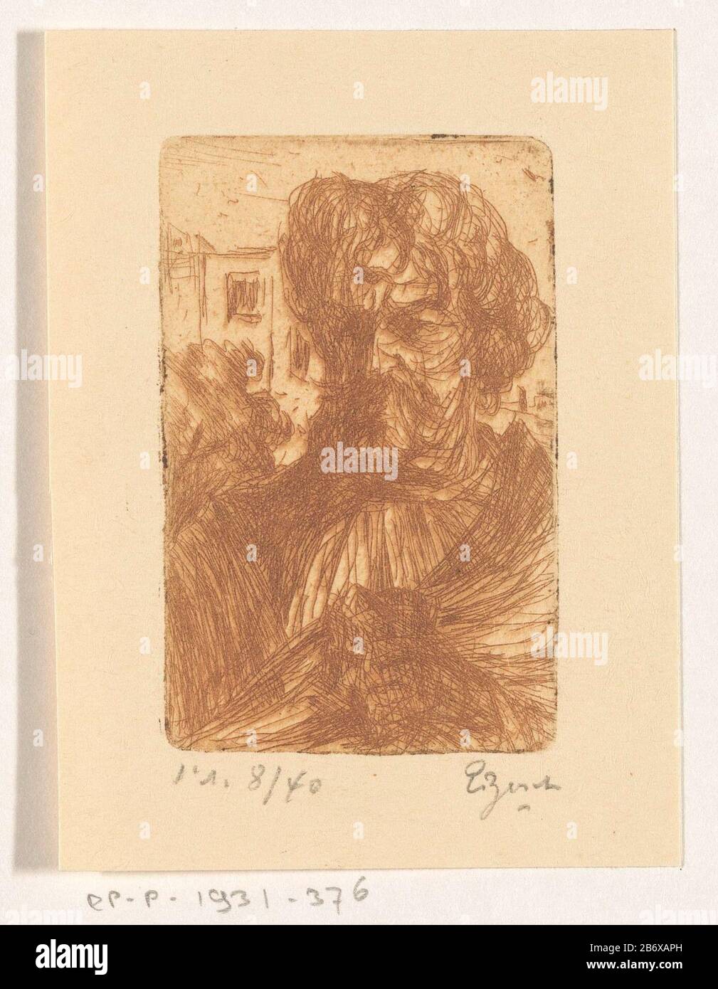 Judas (Oberammergau) Mann mit Bart in halber Länge, im Hintergrund ein Huis. Hersteller: Druckmaschine: Etienne Bosch (persönlich unterzeichnet) Datum: CA. 1873 - Merkmale oder 1931 Physikalisch: ETS in Braun; Erstes Staatsmaterial: Papierdrucktechnik: Farbätzungsmaße: Plattenkante: H 68 mm × b 44 mmblad: H 94 mm × b 69 mm Betreff: Judas Iscariot (nicht im biblischen Kontext) Stockfoto