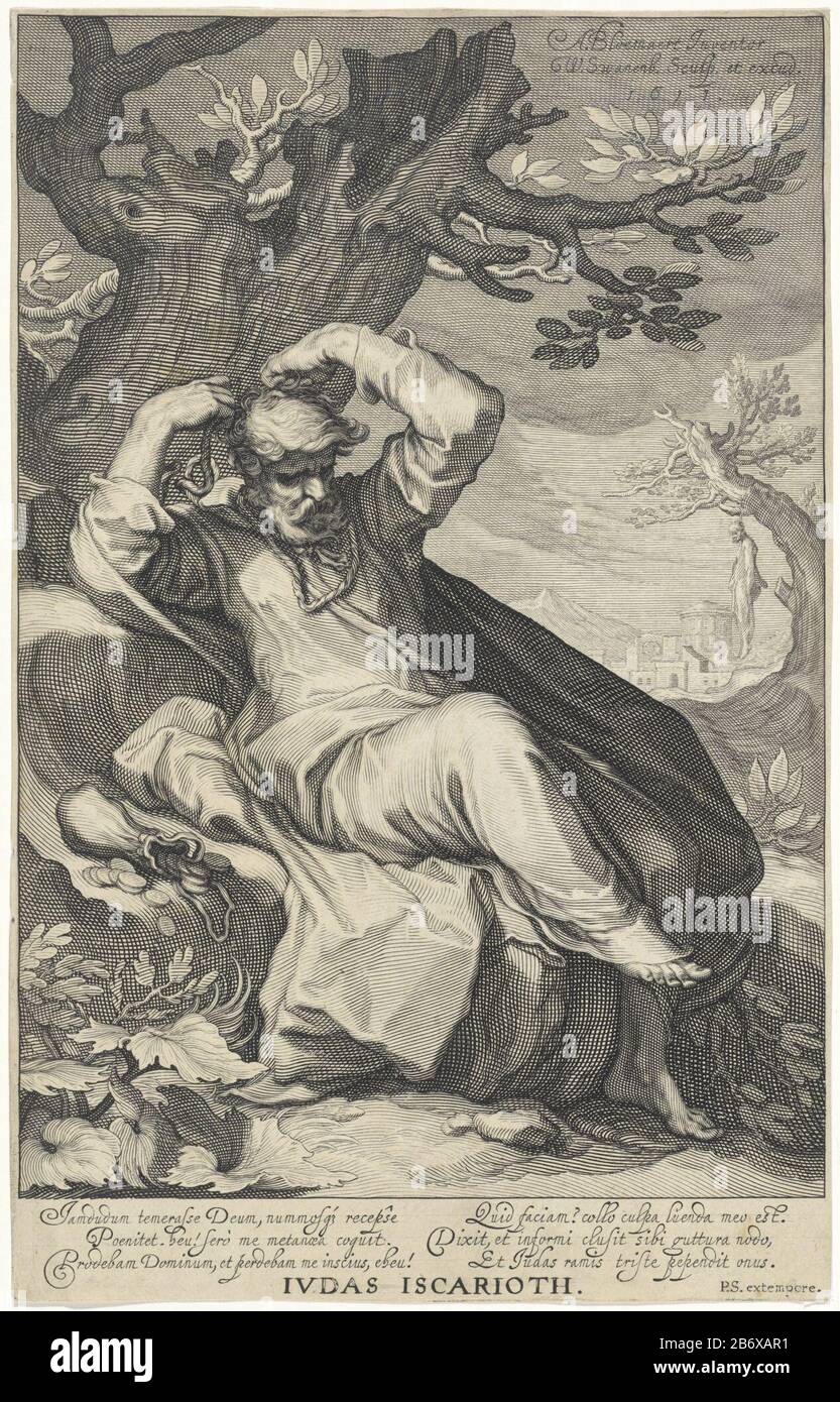 Judas Iskariot hangt zich op Iudas Iscarioth (titel op object) Zondaars uit het Oude en Nieuwe Testament (serietitel) Judas Iscariot sitzt unter einem Baum und bindet ein Seil um seinen Hals. Außerdem handelt es sich um eine Geldbörse. In der Ferne hängt er an einem Baum. Unter der Show ist ein zesregeliger, lateinischer Text, der die scène beschreibt. Hersteller: Druckerhersteller Willem Isaacsz. Von Swanenburg (denkmalgeschütztes Gebäude), entworfen von Abraham Bloemaert (denkmalgeschütztes Eigentum) Autor: Peter Scriverius (denkmalgeschütztes Gebäude) Herausgeber: Willem Isaacsz. Von Swanenburg (denkmalgeschütztes Eigentum) Ort Herstellung: Druckerhersteller: Führte zum Entwurf: Utrechter ( Stockfoto