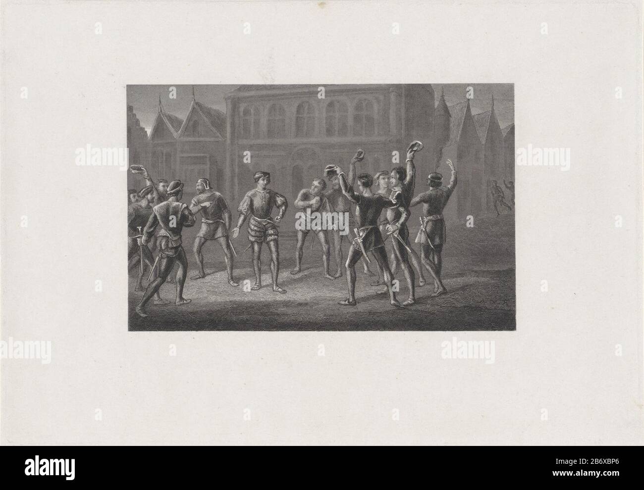 Juichende Jongemannen EINE Gruppe junger Männer, möglicherweise Studenten, kommen auf einem Platz zusammen. Sie jubeln und winken ihre Hüte. In der rechten unteren Ecke Monogramm AVH. Hersteller : Druckerhersteller Dirk Jurriaan Sluyter (möglich) Ort Herstellung: Amsterdam Datum: 1826 - 1886Physikalische Merkmale: Ätz- und Engra-Material: Papiertechnik: Ätzung/Engra-Abmessungen (Druckverfahren) Abmessungen: Plattenkante: H 174 mm × W 252 mm Betreff: Partei (Studenten) Stockfoto