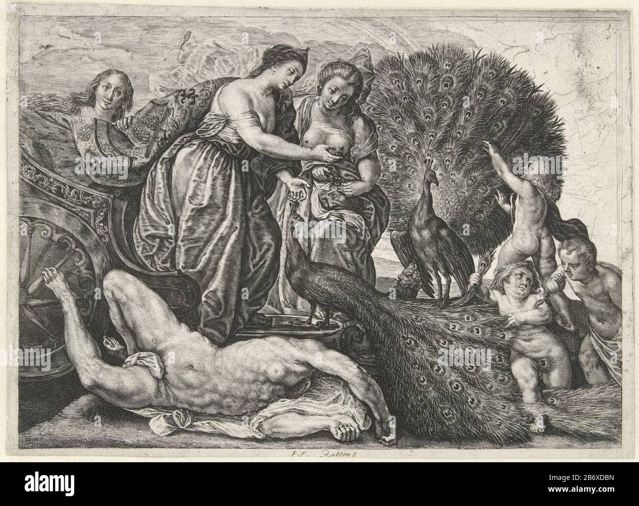 Juno en de pauw EINE Magd hält den abgetrennten Kopf von Argus, während Junos Augen nacheinander aussteigen. Zu ihren Füßen liegt der Körper des Hundertgiganten Argus, der vom Merkur erschlagen wurde. Drei Putten, die mit Pauwenveren spielen. Hersteller: Druckmaschine: Magdalena Pass zum Entwurf von Peter Paul Rubens Herstellung: Utrechter Datum: 1617 - 1634 Physische Merkmale: Enna; Proofing Material: Papiertechnik: Enra (Druckverfahren) Abmessungen: Blatt: H 166 mm × W 229 mmToelichtingPrent verwendet in P. du Ryer, Les Metamorphoses d'Ovide. Brüssel: F. Poppens, 1677. Subject Mercury Bring Argus' Eyes to Juno; Jun Stockfoto