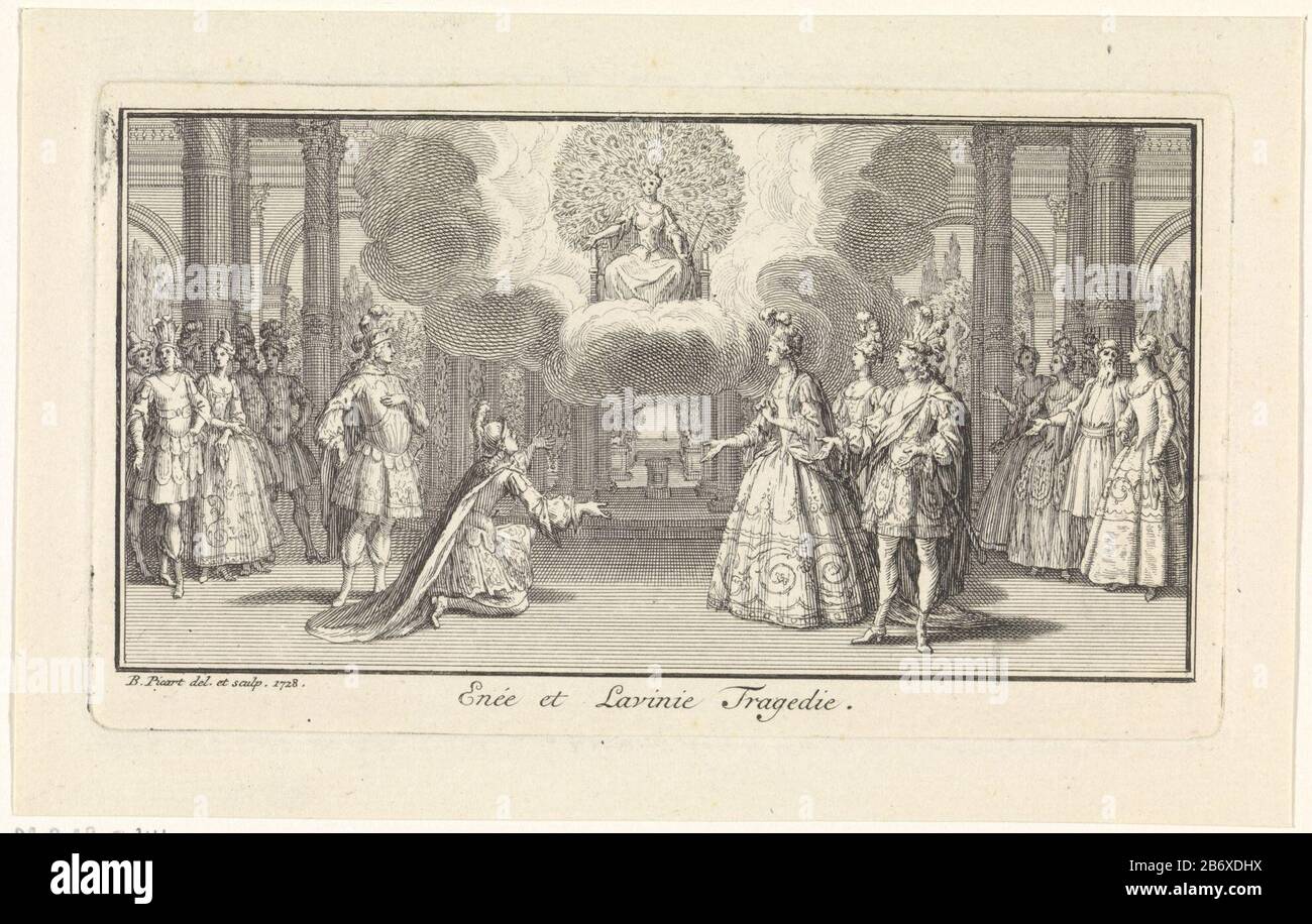 Szene aus einer Toneelstuk. Hersteller: Druckmaschine: Bernard Picart (denkmalgeschütztes Eigentum) zur Zeichnung von: Bernard Picart (auf dem Objekt angegeben) Ort Herstellung: Amsterdam Datum: 1728 Physikalische Eigenschaften: Ätzungs- und Engra-Material: Papiertechnik: Ätzung/Engra-Messungen (Druckverfahren): Plattenkante: H 77 mm × W 134 mmToelichtPrent auch als Illustration verwendet in: Fontenelle, Bernard Le Bouyer The. Oeuvres divers den M. de Fontenelle (...). Den Haag: S. Gosse und J. Neaulme, 1728. Betrifft: Theater Aeneas und Lavinia (Geschichte von) Juno (Hera), theatralische Aufführung Stockfoto