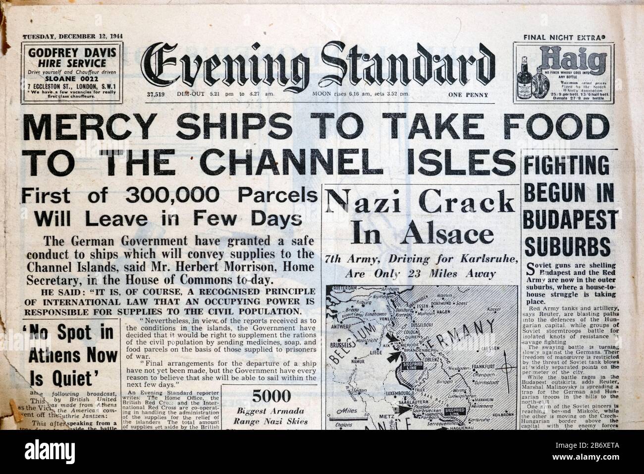 Die Zeitung "Mercy Ships to Take Food to the Channel Isles" 2. Weltkrieg auf der Titelseite des Evening Standard 12. Dezember 1944 Stockfoto