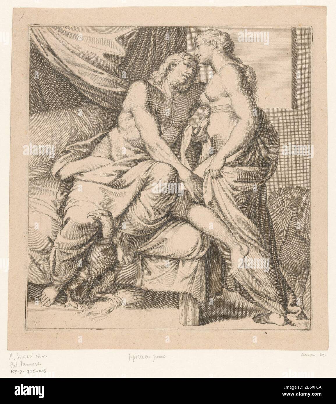 Jupiter en Juno Schilderingen im Palazzo Farnese te Rome (serietitel) Jupiter zit zit op bed met aan zijn voeten een adelaar. Juno klimt ook het bed in. After haar staat een pauw. Hersteller : Hersteller: Prentmaker: Anoniemnaar schildering van: Annibale CarracciPlaats Herstellung: Italië dating: 1570 - 1659 Physische Kenmerken: ETS Material: Papier Techniek: Etsen Abmessungen: Zöpfe: H 233 mm × b 219 mm Betreff: Jupiter und Juno als Liebhaber Stockfoto