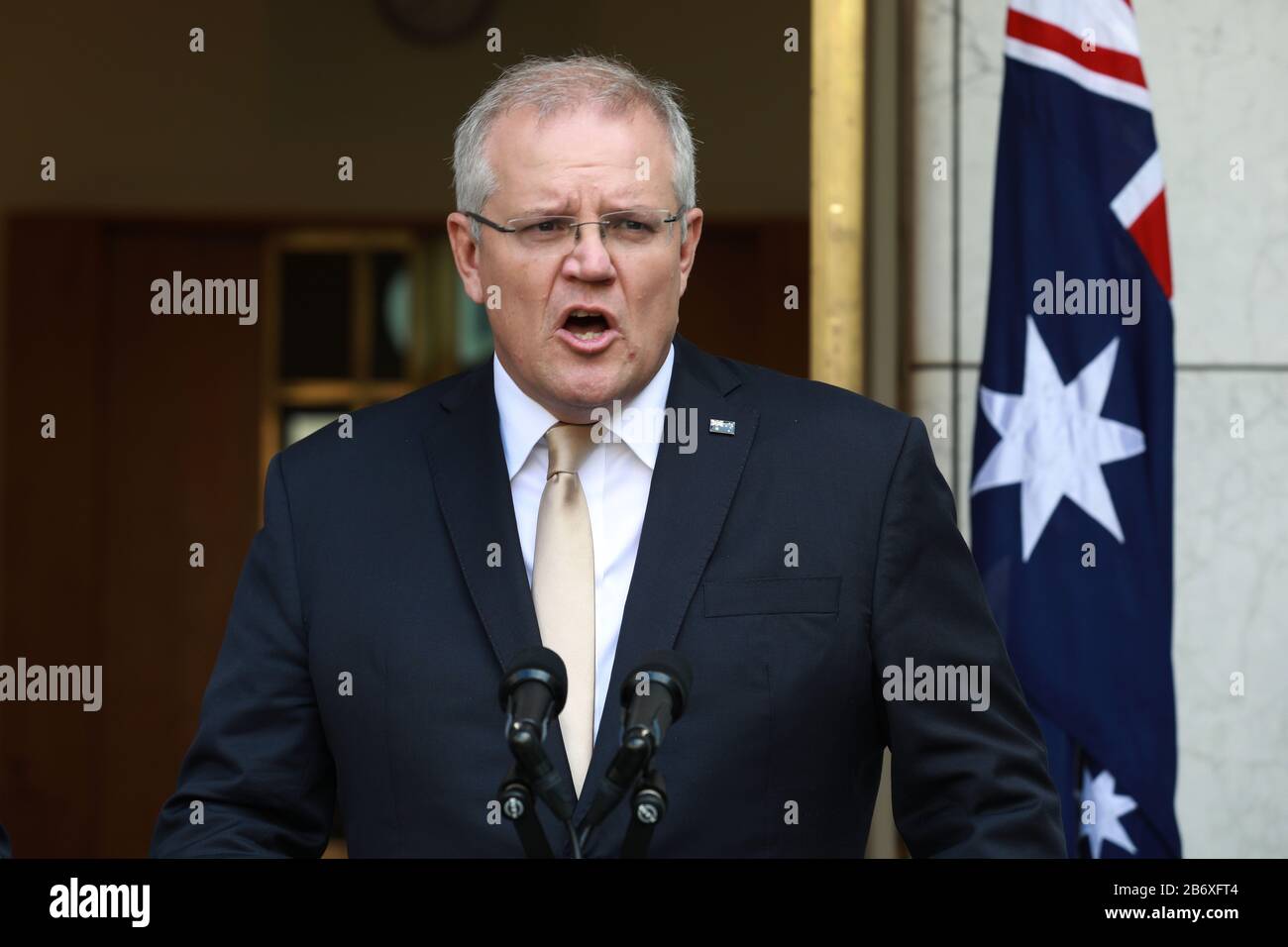 200312 Canberra 12 Marz 2020 Xinhua Der Australische Premierminister Scott Morrison Nimmt Am 12 Marz 2020 An Einer Pressekonferenz Im Parliament House In Canberra Australien Teilzunehmen Die Australische Regierung Kundigte