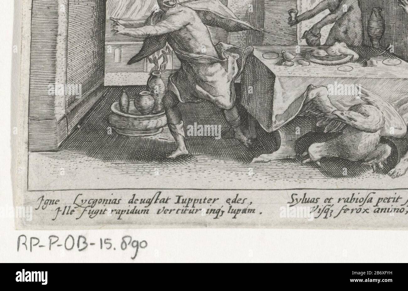 Jupiter verandert kon Lycaon in een Wolf Metamorfosen van Ovidius (Serietitel) Jupiter Lycaon versuchte, seinen Sohn Arcas zu töten und ihm Abendmahl Anzubieten, Wo: Jupiter verwandelt ihn in einen Wolf. Im Hintergrund wird der Palast des Königs von Blitzschlägen getroffen. Am Rand einer vierzeiligen Signatur, in zwei Spalten, im Latijn. Hersteller: Druckmaschine: Crispijn von de Passe (I) zu lesen: Franco EstiusPlaats Herstellung: Köln Datum: 1602 - 1607 Physikalische Eigenschaften: Engra-Material: Papiertechnik: Engra-Messungen (Druckverfahren): Plattenkante: H 83 mm × W 132 mm Betreff: PICT Stockfoto