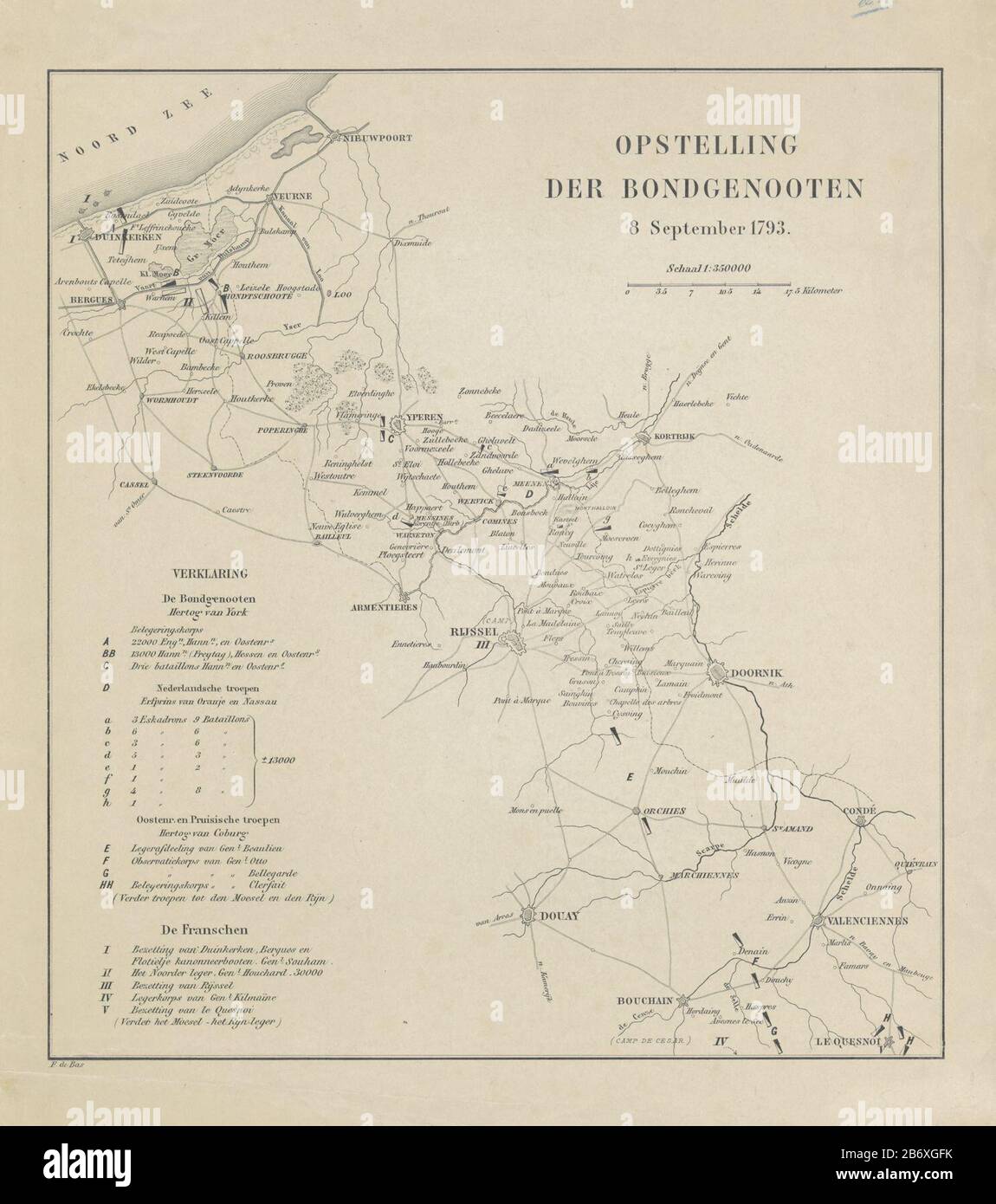 Kaart traf de positities van de bondgenoten en Fransen, 1710 Opstelling der Bondgenooten 8. September 1793 (titel op object) Karte der Österreichischen Niederlande Wo: Die Position der Koalitionstruppen und der französischen Revolutionären Armee am 8. September 173 erhalten werden soll. Hersteller: Druckmaschine F. Bass (auf dem Objekt abgebildet) Herstellung: Niederlande Datum: 173-1850 Physikalische Eigenschaften: Ätzung und Engra-Material: Papiertechnik: Ätzung/Engra-Messungen (Druckverfahren): Blatt: H 345 mm × W 307 mmToelichtingNiet in Frederik Muller; hinzugefügt durch die RPK-Nummer. Betreff: Karten oder Trennzeichen Stockfoto