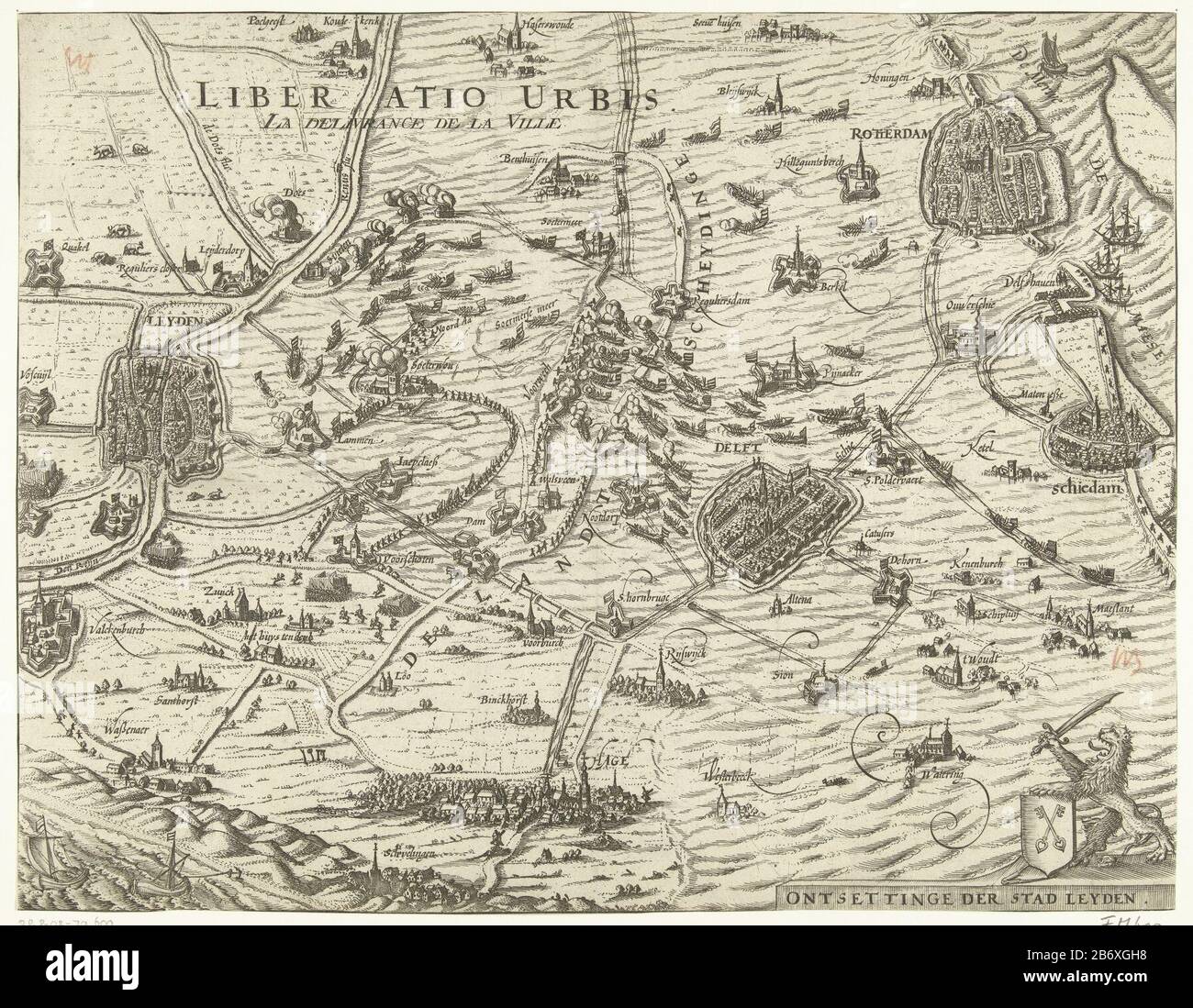 Kaart traf sich mit der Karte "La delivrance de la ville (titel op object)" am 3. Oktober 1574 mit het ontzet van Leiden, 1574 Ontsettinge der stad Leyden Liberatio urbis La delivrance de la ville. Oben rechts in Rotterdam, Delft und Schiedam, links in Leiden, den Haag unten. Rechts unten am niederländischen Löwen mit massivem Gewicht: D, und den Stadtarmen von Leiden. Hersteller : Druckhersteller: Anonymer Standort Herstellung: Nordniederland Datum: 1623 - 1625 Physikalische Eigenschaften: Ätzmaterial und Engra-Material: Papiertechnik: Ätzung/Engra-Messungen (Druckverfahren) Maße: Blatt: H 259 mm b × 334 mmToelichtingGebruikt als il Stockfoto