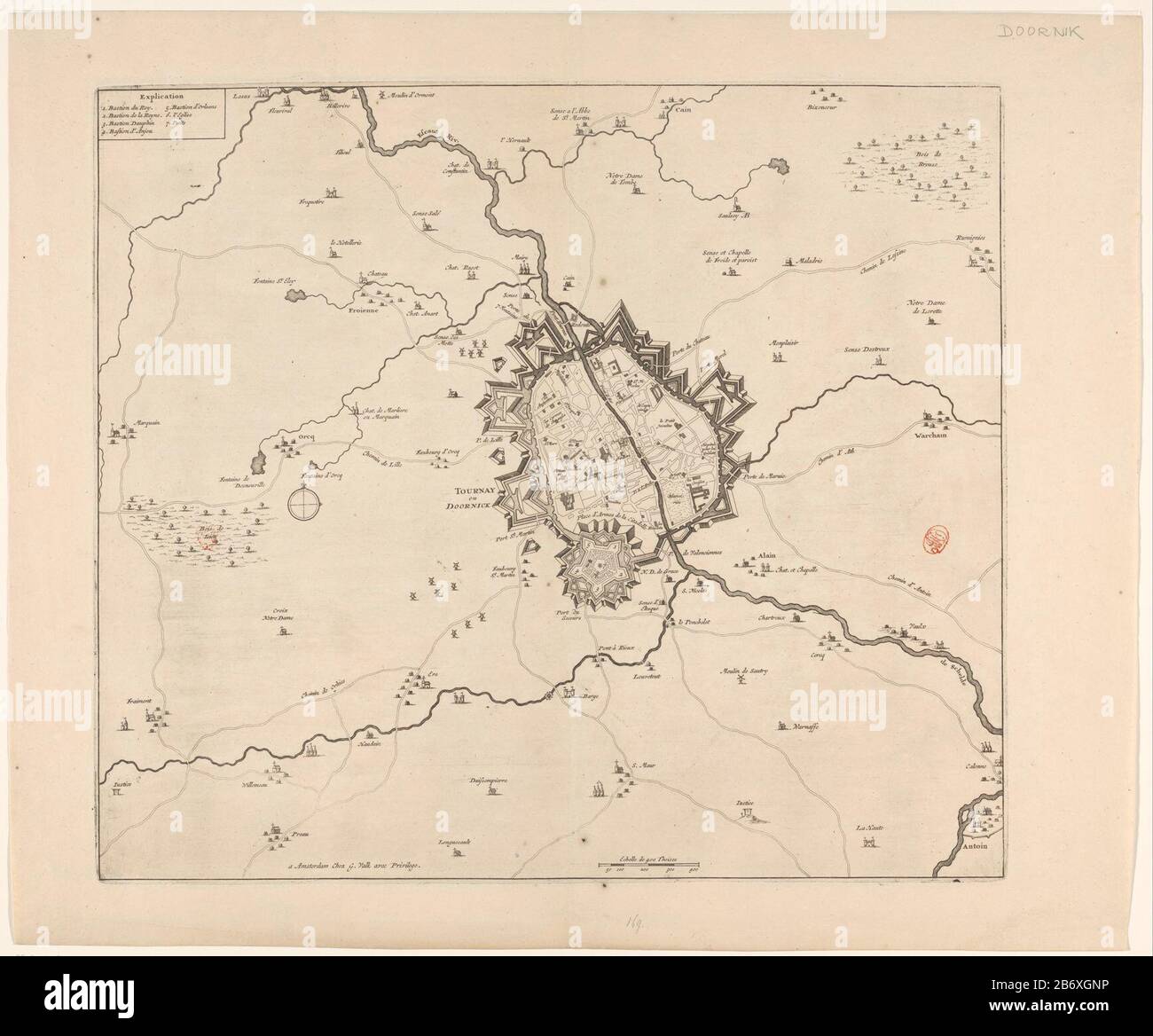 Kaart van Doonik en omgeving Tournay ou Doornick (titel op object) Map Doonik area. Oben links ein Rahmen mit den Symbolen 1-7. Unten rechts in der Mitte ein Maßstabsbalken: Echelle 400 Thoises. Hersteller: Druckmaschine: Anonymer Herausgeber: Gerard Valck (börsennotiertes Eigentum) Berechtigungsanbieter: Staaten von Holland und Westfriesland (Listed Property) Herstellung: Amsterdam Datum: 1695 - 1726 Material: Papiertechnik: Ätzung/Engra-Messungen: Plattenkante: H 451 mm × W 513 mm Betreff: Karten oder separate Länder oder Regionen Karten oder Städte, wo: Doornik Stockfoto