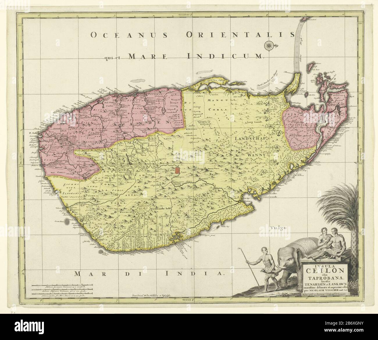 Kaart van Ceylon Insula Ceilon olim Taprobana incolis Tenarisin et Lankawn (titel op object) Karte von Ceylon, mit Norden nach rechts, die verschiedenen Bereiche in verschiedenen Farben, rechts herum unter der Überschrift: Zwei srilankische Männer und eine Frau, ein Elefant und eine Palme. Untere linke Skala in deutschen, spanischen und französischen Meilen. Windroos oben rechts (1:300.000). Verso: Eine Karte mit "CEYLON"-Geplakt. Hersteller: Künstler: Nicolaes Visscher (II) (denkmalgeschütztes Gebäude) Herausgeber: Nicolaes Visscher (II) (denkmalgeschütztes Gebäude) Ort Herstellung: Amsterdam Datum: 1.650 - 1700 Physische Merkmale: Engra, mit der Hand Stockfoto