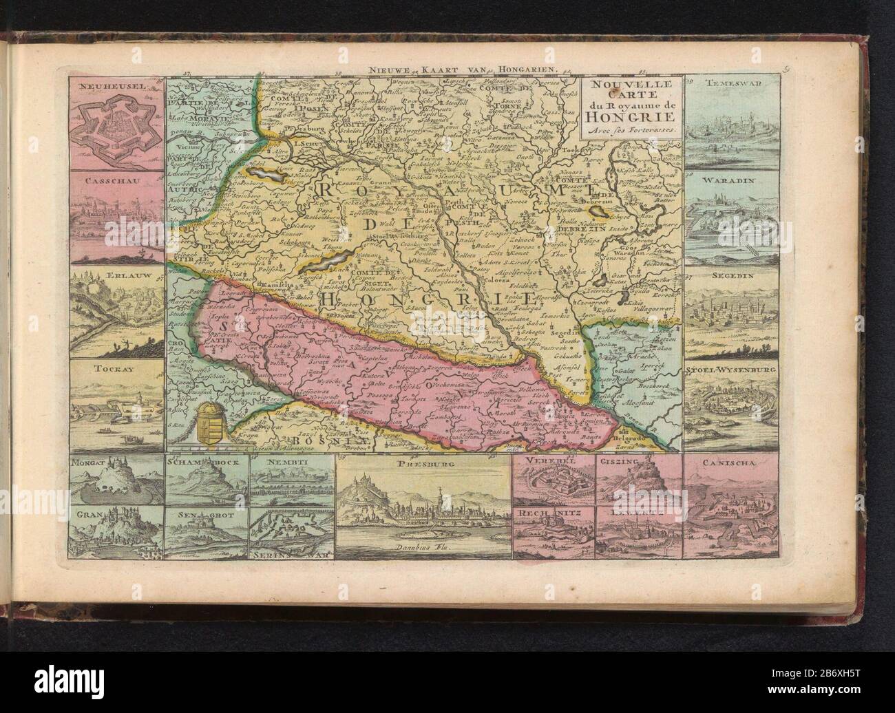 Kaart van Hongarije Nieuwe Kaat van Hongarien Nouvelle Carte du Royaume de Hongrie (titel op object) Karte Ungarn, umgeben von zwanzig kleinen Gesichtern in den wichtigsten Städten des Landes. Teil eines Atlases von 223 Karten von Ländern und Städten und Szenen des Krieges in Europa in der Zeit ca. 1690-1735. Hersteller: Druckmaschine: Anonymer Herausgeber: Erben J. Ratelband & CoPlaats Herstellung: Druckmaschine: Nordholländer Herausgeber: Amsterdam Datum: 1700-1705 und/oder 1735 Physikalische Eigenschaften: Ätzung und Engras, handfarbenes Material: Papiertechnik: Ätzung / Engraa (Druckverfahren) / Hand-Kol Stockfoto Kaart van Hongarije Nieuwe Kaat van Hongarien Nouvelle Carte du Royaume de Hongrie (titel op object) Karte Ungarn, umgeben von zwanzig kleinen Gesichtern in den wichtigsten Städten des Landes. Teil eines Atlases von 223 Karten von Ländern und Städten und Szenen des Krieges in Europa in der Zeit ca. 1690-1735. Hersteller: Druckmaschine: Anonymer Herausgeber: Erben J. Ratelband & CoPlaats Herstellung: Druckmaschine: Nordholländer Herausgeber: Amsterdam Datum: 1700-1705 und/oder 1735 Physikalische Eigenschaften: Ätzung und Engras, handfarbenes Material: Papiertechnik: Ätzung / Engraa (Druckverfahren) / Hand-Kol Stockfoto