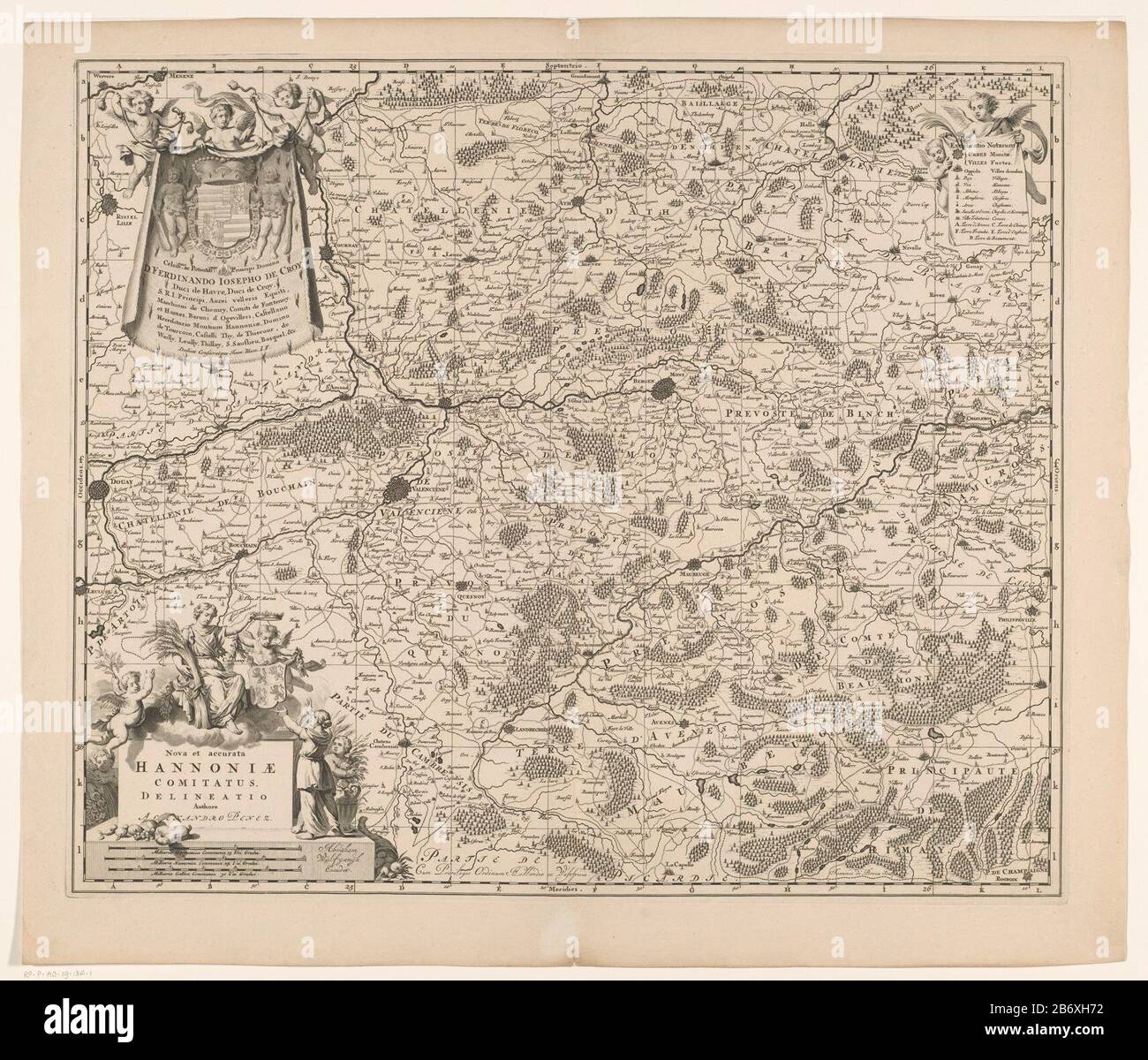 Kaart van Henegouwen Nova et accurata Hannoniae comitatus delineatio (titel op object) Karte des Hennegaus. Unten links die Titelkartusche mit unten drei Maßstäben: 3 Milli Aria Germanica Communia 15 Uni Gradui / 5 Milli Aria Hanno Nica Communia 24 Uni Gradui / 6 Milli Aria Gallica Communia 30 Uni Gradui. Verschiedene Fruchtbarkeitssymbole und einen Putto mit dem Wappen des Hennegaus zu kartuschen. Oben links eine Kartusche mit Widmung und den Armen von Francois Ferdinand Joseph de Croy. Rechts eine Legende. Die Karte verfügt über ein Koordinatenraster und eine Gradverteilung entlang der randen. Hersteller: Prin Stockfoto