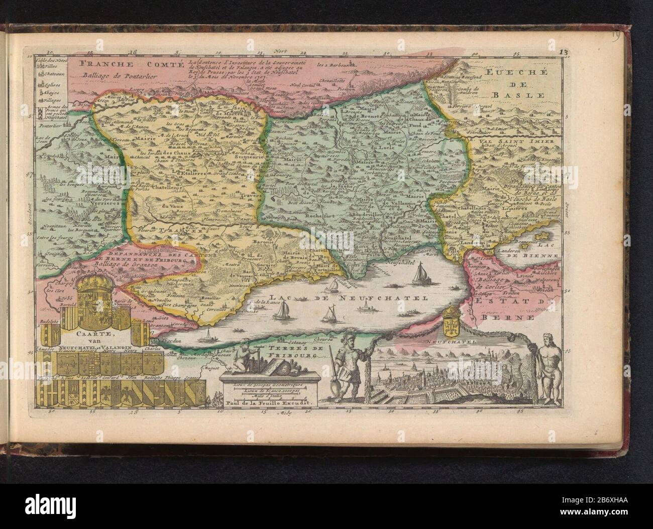 Karte des Kanton Neuchâtel. Unter den Armen der Fürsten von Neuchâtel und Blick auf die Stadt. Teil eines Atlases von 223 Karten von Ländern und Städten und Szenen des Krieges in Europa in der Zeit ca. 1690-1735. Hersteller: Druckmaschine: Anonymer Herausgeber: J. erben Ratelband & Couitgever: Paul de La Feuille (Listed Property) Ort Herstellung: Druckmaschine: Northern Netherlands Herausgeber: Amsterdam Herausgeber: Amsterdam Datum: 1700 - 1705 und / oder 1735 Physische Merkmale: Ätzung und Engras, handfarbenes Material: Papiertechnik: Ätzung / Engras (Druckverfahren) / Handfarbenmessung Stockfoto