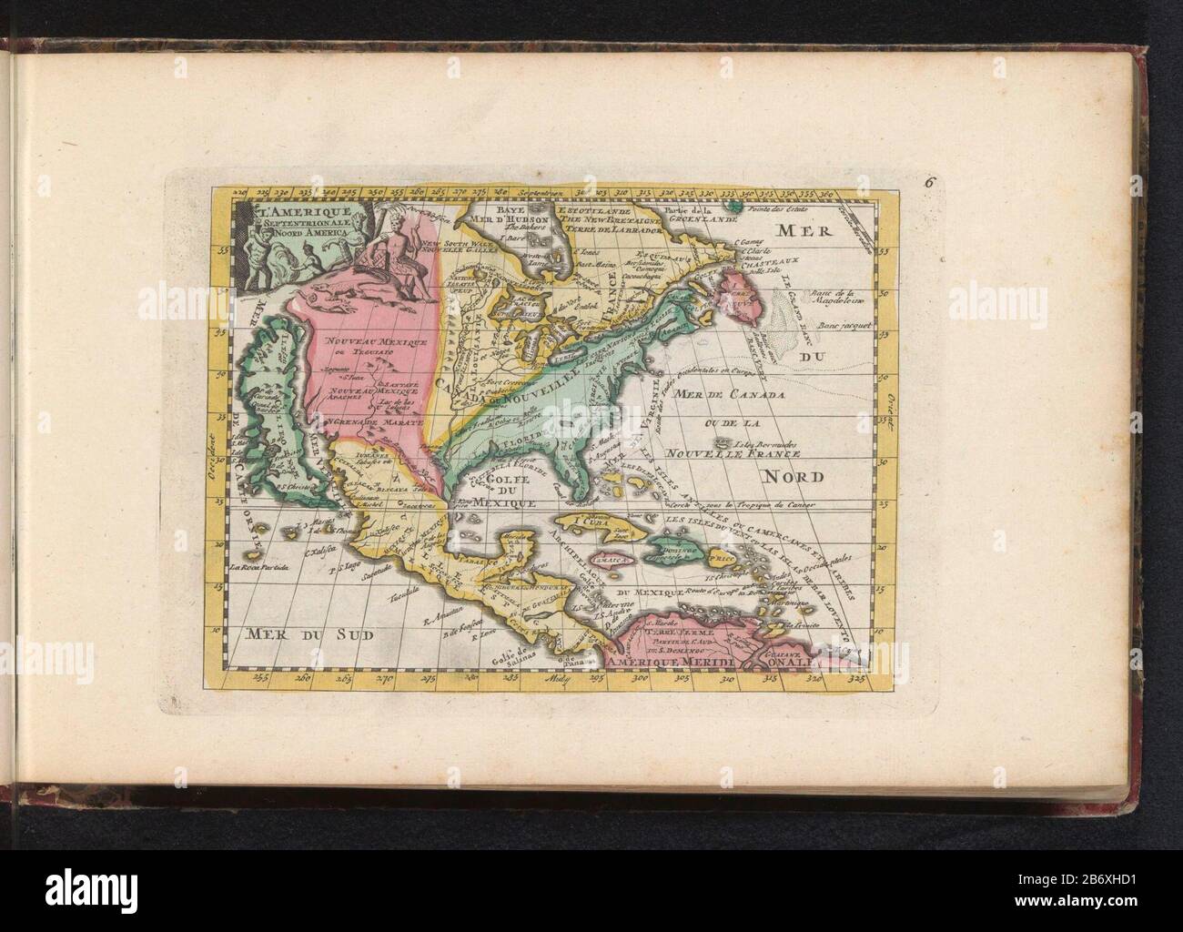 Kaart van Noord-Amerika L'Amerique Septentrionale Noord America (titel op object) Karte von Nordamerika und Mittelamerika, oben links eine Vignette mit Indianern. Teil eines Atlases von 223 Karten von Ländern und Städten und Szenen des Krieges in Europa in der Zeit ca. 1690-1735. Hersteller: Druckmaschine: Anonymer Herausgeber: Erben J. Ratelband & CoPlaats Herstellung: Druckmaschine: Northern Netherlands Herausgeber: Amsterdam Datum: 1700-1705 und/oder 1735 Physikalische Merkmale: ENGRAA, handfarbenes Material: Papiertechnik: ENGRAA (Druckverfahren) / Handfarbenabmessungen: Plattenkante: H 150 mm × W 212 mm Betreff Stockfoto