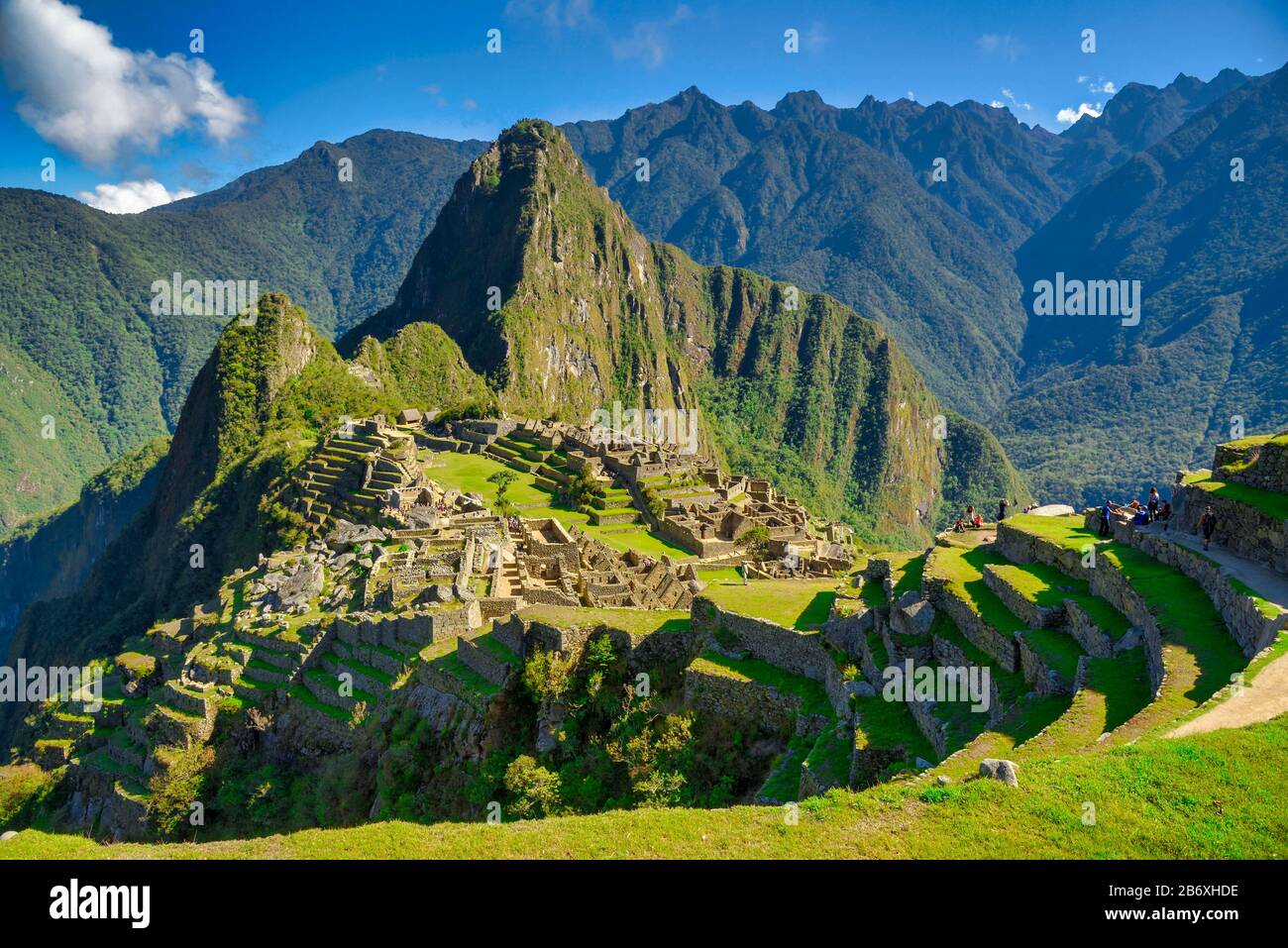 Blick auf die verlorene Inka-Stadt Machu Picchu in der Nähe von Cusco, Peru. Machu Picchu ist eine peruanische historische Heiligtum. Stockfoto