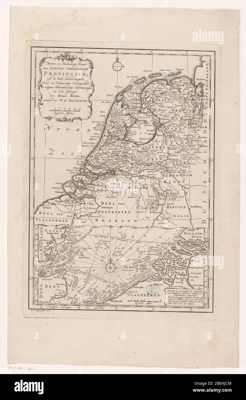 Kaart van de Republiek der Zeven Verenigde Nederlanden Nieuwe en Naukeurige Kaart der Zeeven vereenigde Provincien () (titel op object) Karte der niederländischen Republik. Oben links eine Kartusche mit dem Titel des Bildes und der Skala: Englische Meilen. Entlang der Kanten des Drucks wird eine Gradverteilung gedruckt. Der untere Teil des Bildes zeigt eine Karte der Strände von Holland, Zeeland, Flanders und England. Hersteller: Druckerhersteller Jan van Hunting (denkmalgeschütztes Gebäude) Kartograf Emanuel Bowen (denkmalgeschütztes Gebäude) Kartograf: William Albert Bachiene (nach Objekt aufgelistet) Ort Herstellung: Prin Stockfoto