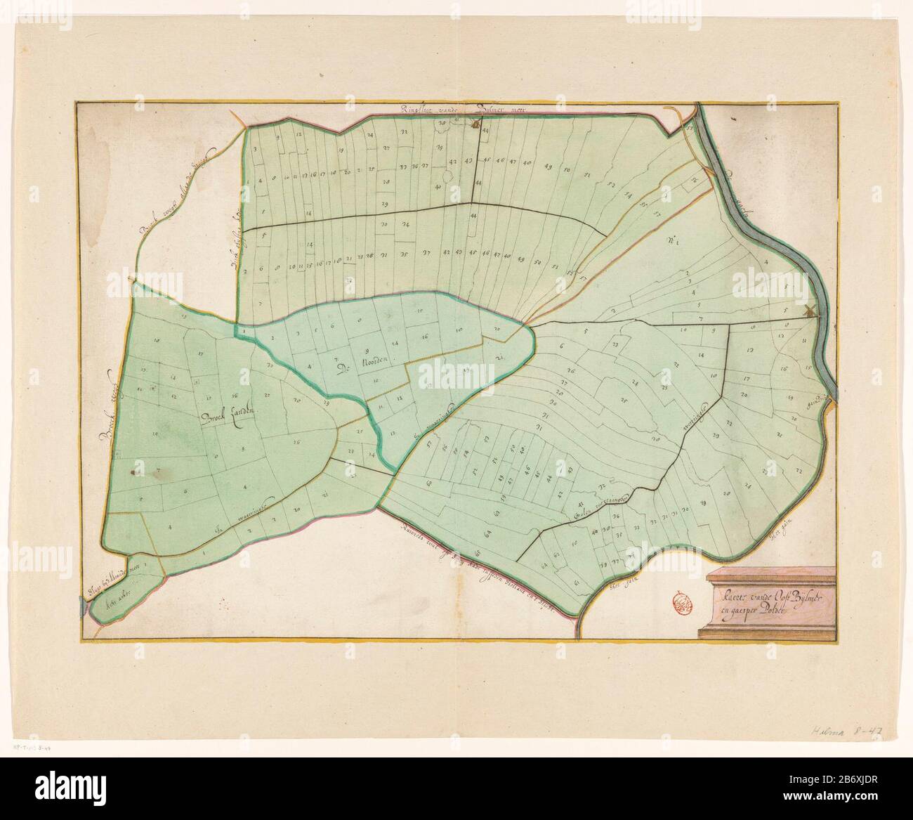 Kaart van de Oost Bijlmer- en Gein en Gaasperpolder Kaerte vande Oost Bijlmer en gaesper Polder (titel op object) Manuscript of East Bijlmer- and Gein and Gaasperpolder. Unten rechts der Titel. Hersteller: Künstler: Anonym Datum: 1.650 - 1.750 Physikalische Merkmale: Bleistift, Pinsel in Farben und Stift in schwarzem Material: Papier Aquarell Tinte Bleistift Technik: Pinsel / Stift Abmessungen: Blatt: H 410 mm × W 577 mm Betreff: Karten von einzelnen Ländern oder Regionen Polder, zurückgenommene Landwindmühle wo: Bijlmer Oost polder Gein und Gaasperpolder Stockfoto