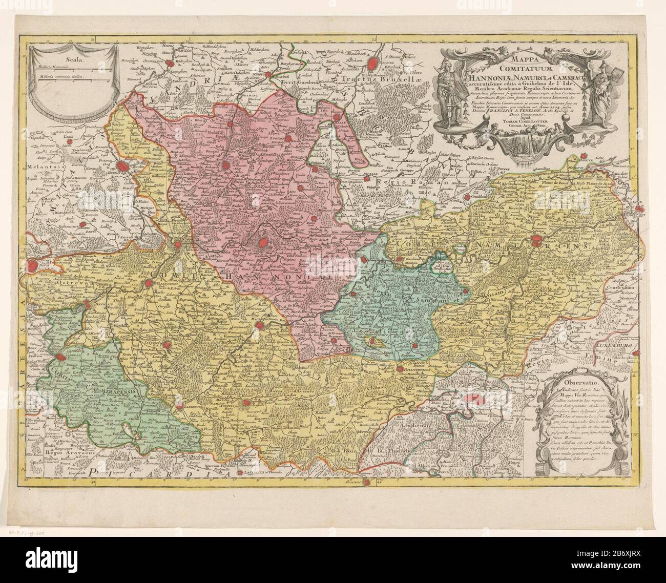 Kaart van de graafschappen Henegouwen en Namen en het aartsbisdom Kamerijk Mappa comitatuum Hannoniae, Namurci et Cameraci (titel op object) Karte der Grafschaften Hainault und Namur und des Erzstifts Cambrai. Rechts die Titelkartusche, in der Francois Fenelon von 1695 bis 1715 erwähnt wird, Erzbischof von Cambrai. Oben links eine Kartusche mit zwei Hüllenstöcken: 4 Milli Aria Hannoniae / 4 Milli Aria COMMUNIA Gallica. Rechts ein Textteil auf der Karte in lateinischer Sprache. Die Karte hat eine Gradverteilung entlang der randen. Hersteller: Druckmaschine: Anonymer Kartograf Guillaume Delisle (denkmalgeschütztes Gebäude) veröffentlicht Stockfoto