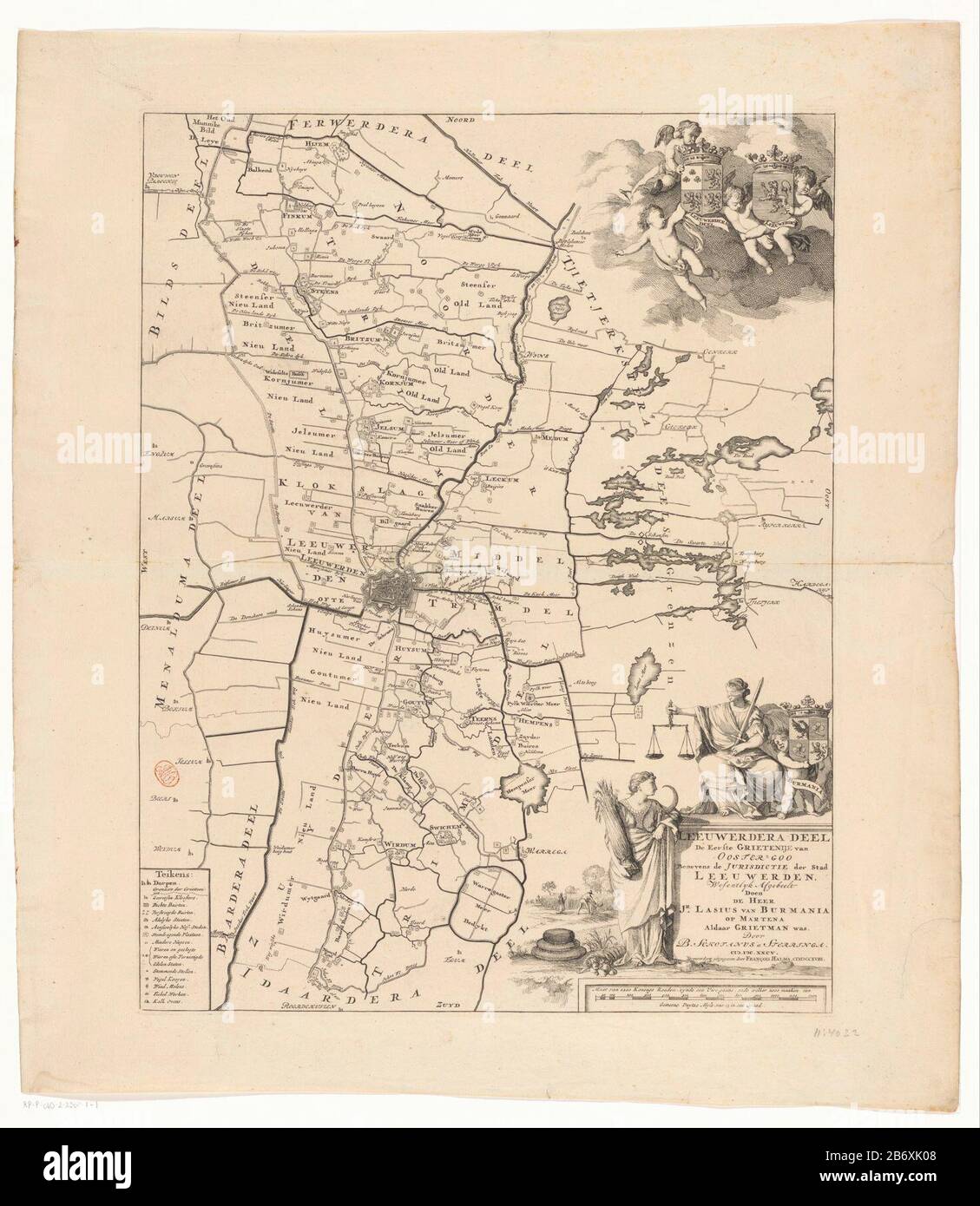 Kaart van de Grietenij Leeuwarderadeel Leeuwerdera deel de eerste Grietenije van Ooster goo (titel op object) Unten links Schlüssel. Obere rechte Arme von Leeuwarderadeel und der Stadt Leeuwarden. Kartusche unten rechts mit Titel und administrativen Informationen über die Grietenij. Um Ceres, Justice and ARM quietman quietscht Laes von Burmania. Unter einem Maßstabsbalken: Größe von 1200 Königsstangen, das ist ein Uire Leagues, Einkommen, dessen 2000 Frieden zu einem fiesen Duytze Myle, 15 in einem Graad, macht. Hersteller: Druckmaschine: Caspar Luyken (zugeschrieben) Kartograf: Bernardus Schotanus à Sterringa (Listed Object) Publ Stockfoto