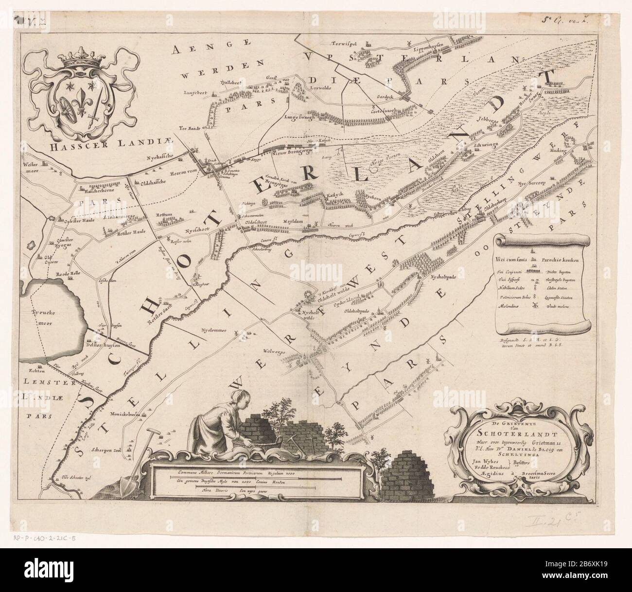 Kaart van de Grietenij Schoterland De Grietenye van Schoterlandt (titel op object) Top Hat Die Waffe von Schoterland Verlassen. Unterhalb der Karte Skala zwei Pole: Gemeinde Milliare Germanicum perticarum regalium 2000 / EIN spätes Duytsche Myle 2000 Coninx Rods, Hora itineris / A uyre Gaens. Um eine Frau mit einem Korb mit Torf und Werkzeugen. Rechte Taste, untere rechte Kartusche mit Titel und administrativen Informationen über die Grietenij. Hersteller : Druckerhersteller Jacob van Meurs (möglich) Kartograf: Bernardus Schotanus à Sterringa (denkmalgeschütztes Gebäude) Kartograf Sjoerd Aetesz. Haacma (denkmalgeschütztes Gebäude) Kartograf Stockfoto