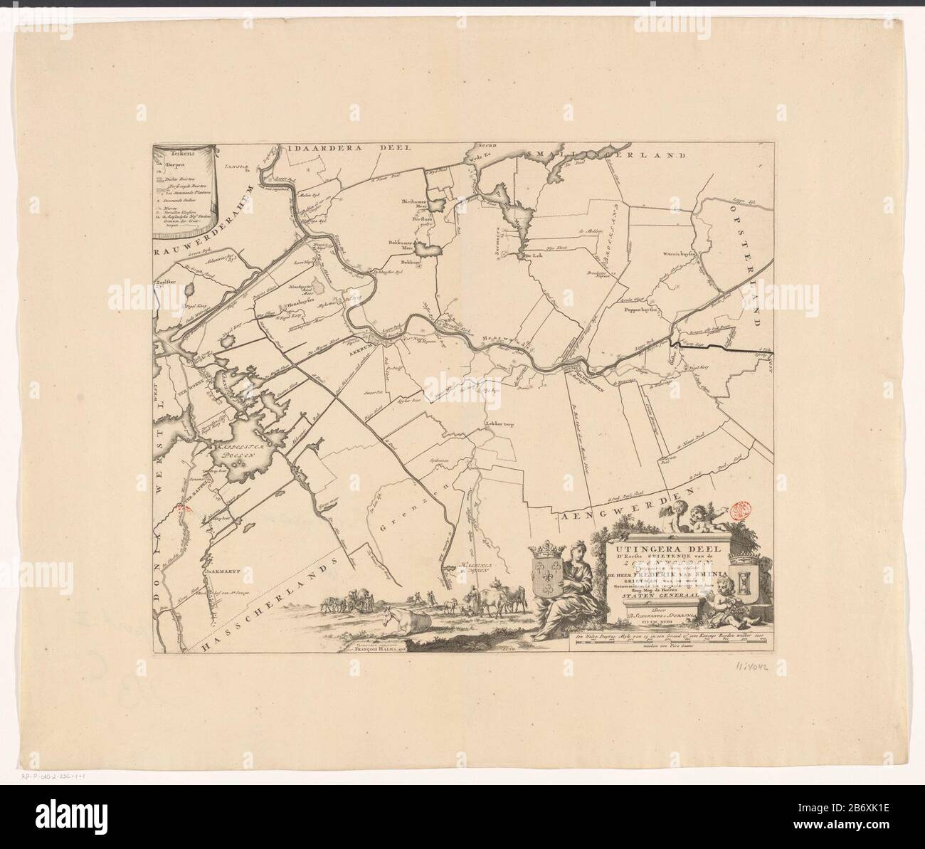 Kaart van de Grietenij Utingeradeel Utingerera deel d'eerste Grietenije van de Zevenwolden (titel op object) Top Left Key. Kartusche unten rechts mit Titel und administrativen Informationen über die Grietenij, umgeben von den Armen von Utingeradeel und Grietman Frederik van Sminia. Unter einem Maßstabsbalken: Halb Duytze Myle von 15 Grad in 1000 Königsstangen, deren 1200 Frieden ein Uirégaan machen. Hersteller : Druckerhersteller Jan Luyken (zugeschrieben) Kartograf: Bernardus Schotanus à Sterringa (denkmalgeschütztes Gebäude) Herausgeber: François Halma (angegeben auf Objekt) Herstellung: Druckmaschine: Amsterdam Cartog Stockfoto