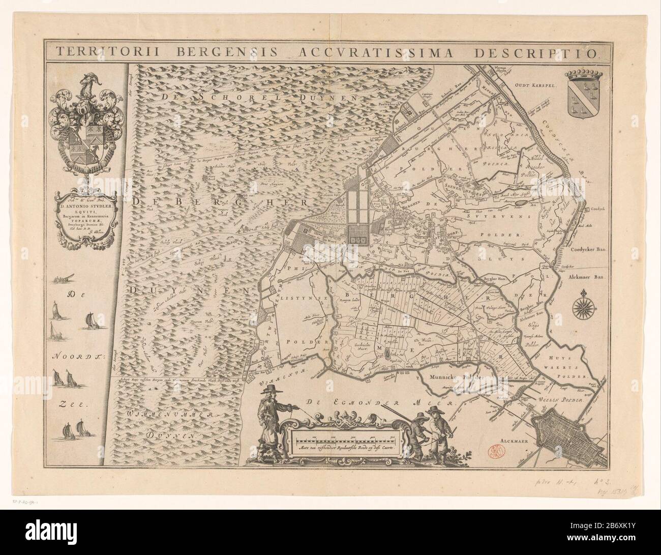 Kaart van de heerlijkheid Bergen Territorii Bergensis accuratissima descriptio (titel op object) Karte der Glory Mountains. Entlang des obersten Titels. Der linke obere Arm und der Vertrag an Anthonis Studler von Zurck, herr von Bergen (1641 bis 1666). Oberer rechter Arm der Herrlichkeit. Unter einer Kartusche mit Maßstabsleiste: Grad der Vijfhondert Rynlantsche Stange auf der Dese Caerte. Zu den Kartuschen drei Vermessungsingenieure zu arbeiten. Hersteller: Druckmaschine: Anonymer Entwurf von Jan Jansz. DOU (I)-Vermessungsingenieur Jan Jansz. DOU (I) befehligt von John Willemszoon Blaeu (Listed Property) zugewiesen an: Anthonis Studler von Zurck (Listed Property) Stockfoto