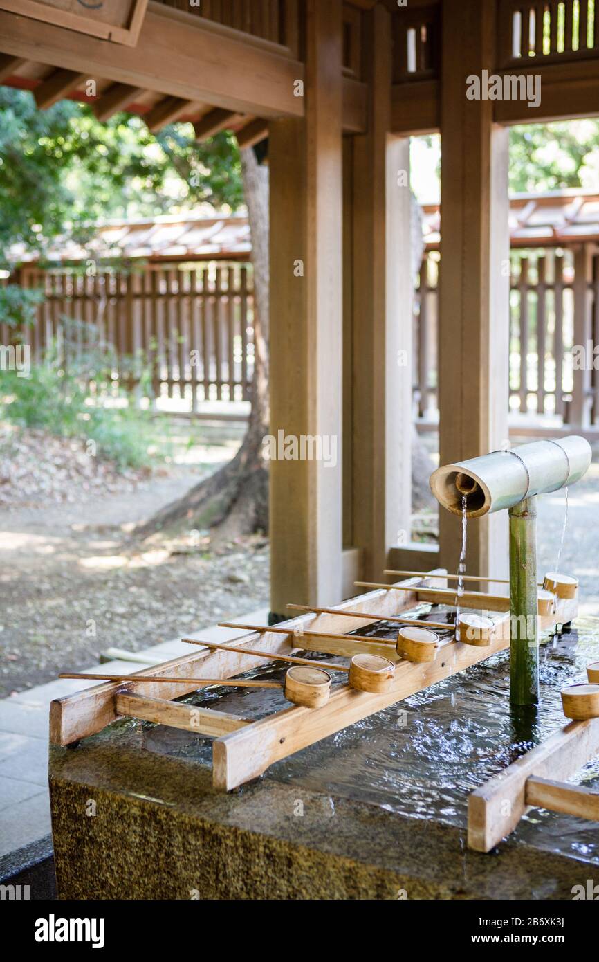Chōzuya oder Temizuya (手水舎), ein Shinto-Wasserpavillon für einen zeremoniellen Reinigungsritual, bekannt als Temizu, Meiji Jingu, Shinjuku, Tokio, Japan. Stockfoto